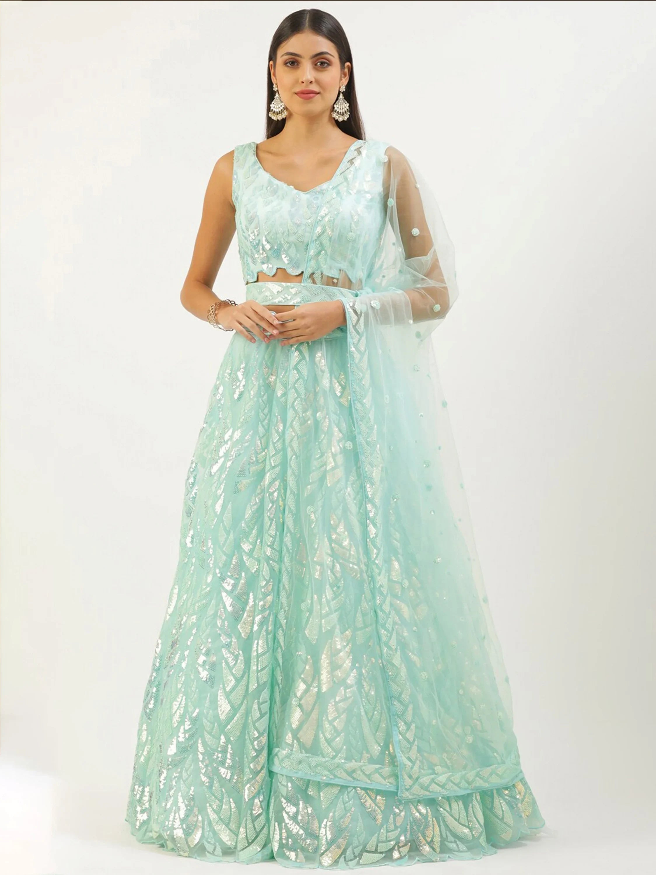 Sky Blue Outstanding Sequins Net Lehenga Choli With Dupatta