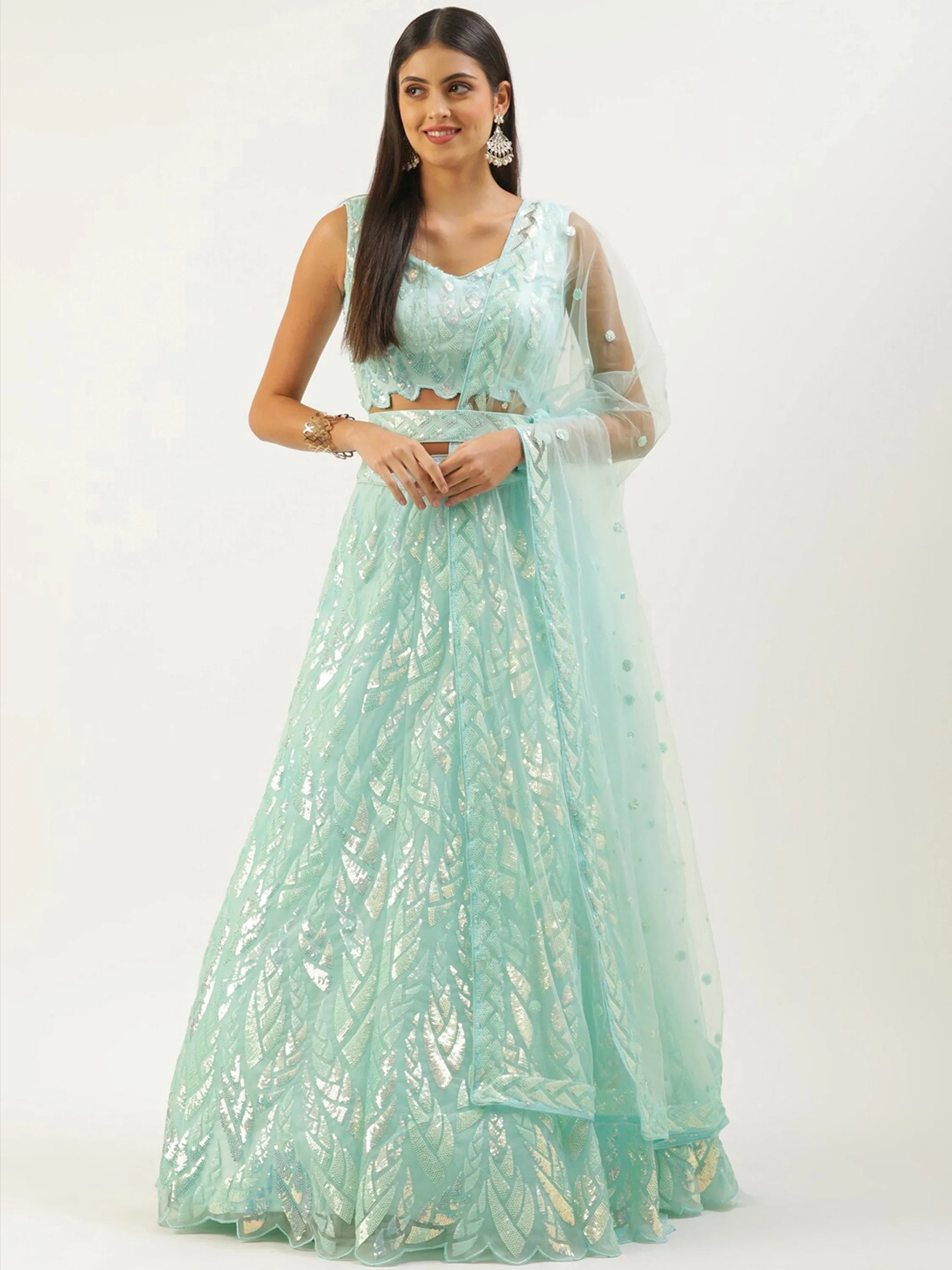 Sky Blue Outstanding Sequins Net Lehenga Choli With Dupatta