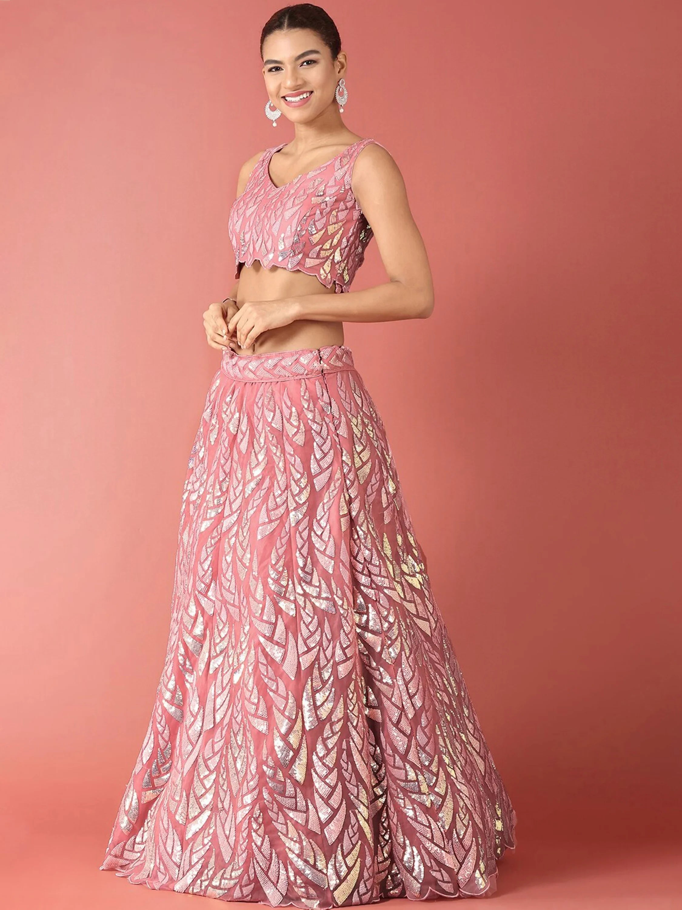 Pink Outstanding Sequins Net Lehenga Choli With Dupatta