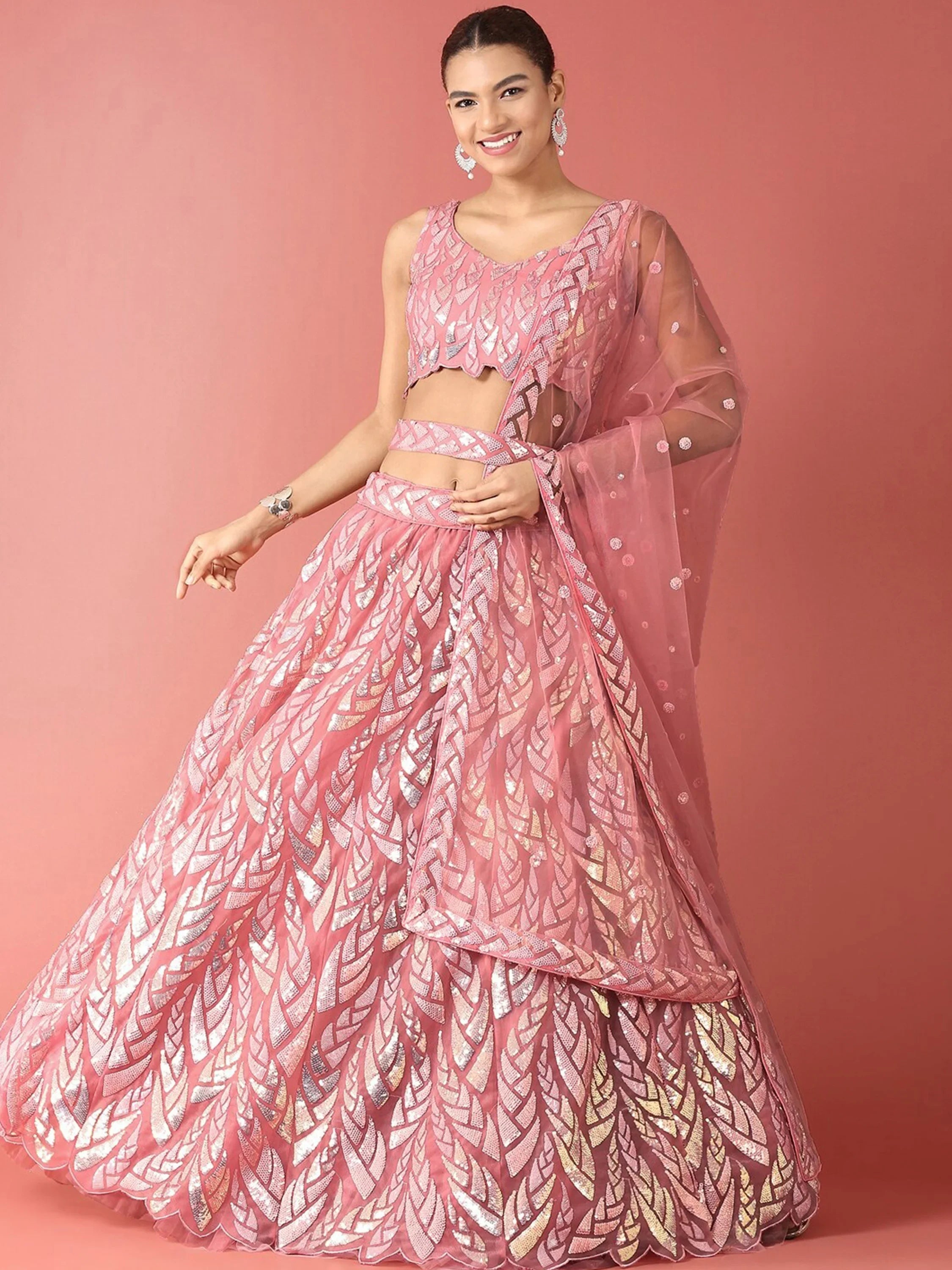 Pink Outstanding Sequins Net Lehenga Choli With Dupatta