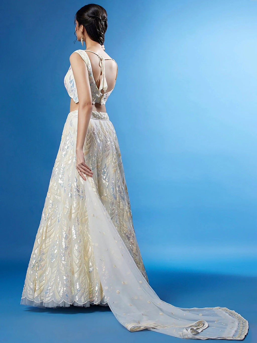 Off White Outstanding Sequins Net Lehenga Choli With Dupatta