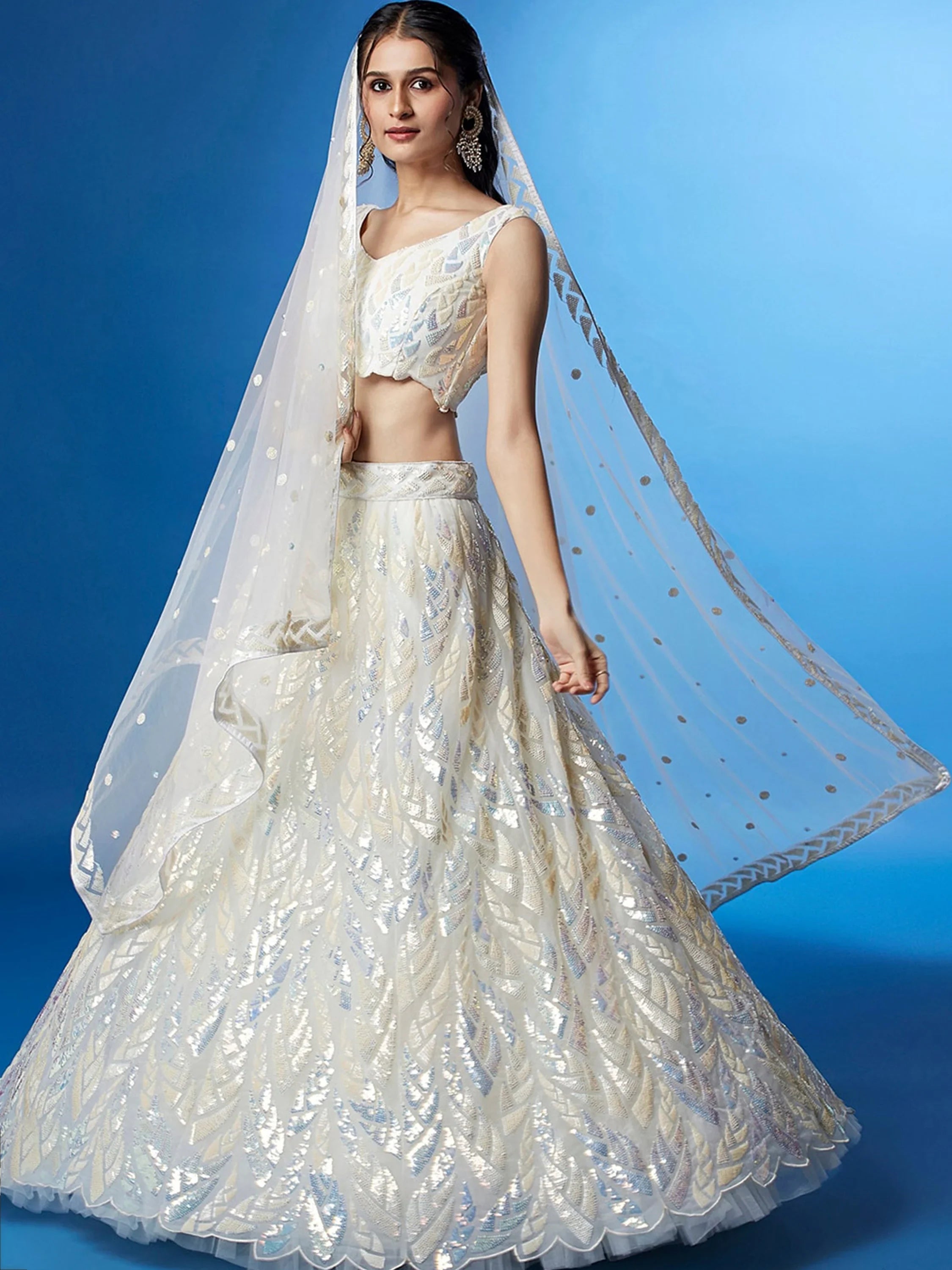 Off White Outstanding Sequins Net Lehenga Choli With Dupatta