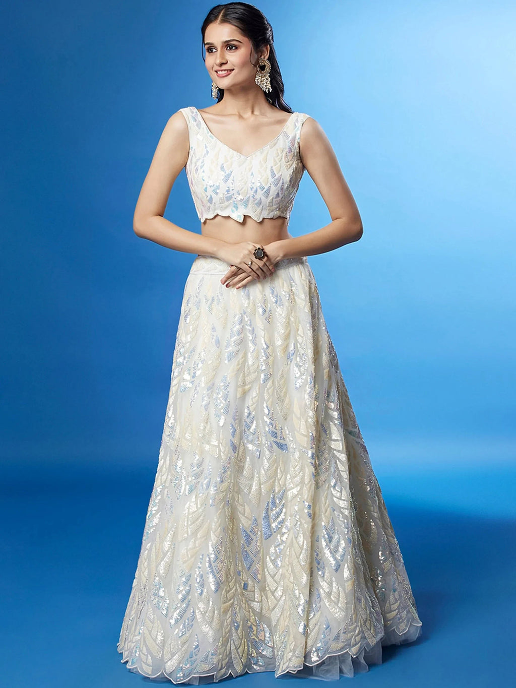 Off White Outstanding Sequins Net Lehenga Choli With Dupatta
