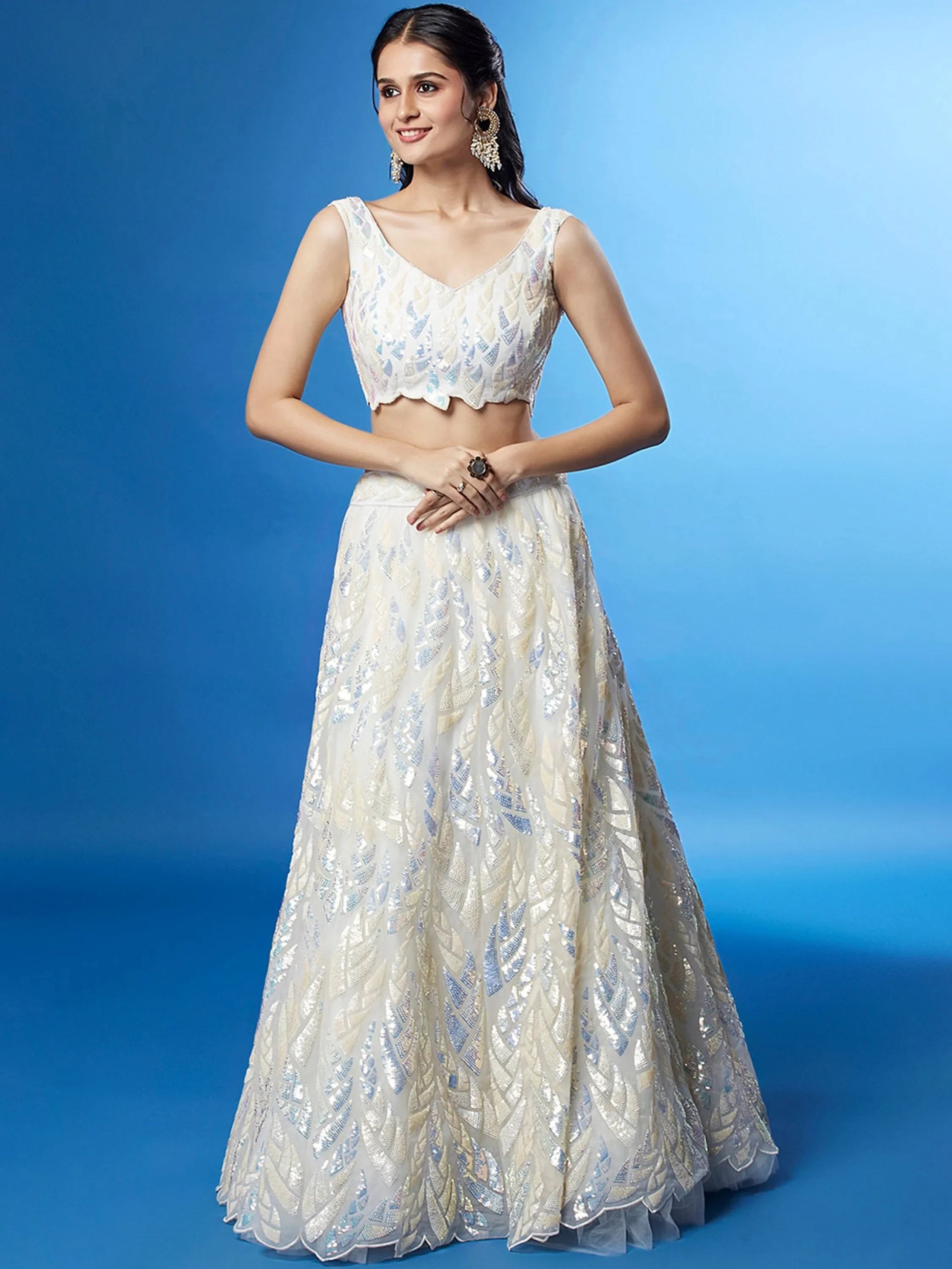 Off White Outstanding Sequins Net Lehenga Choli With Dupatta