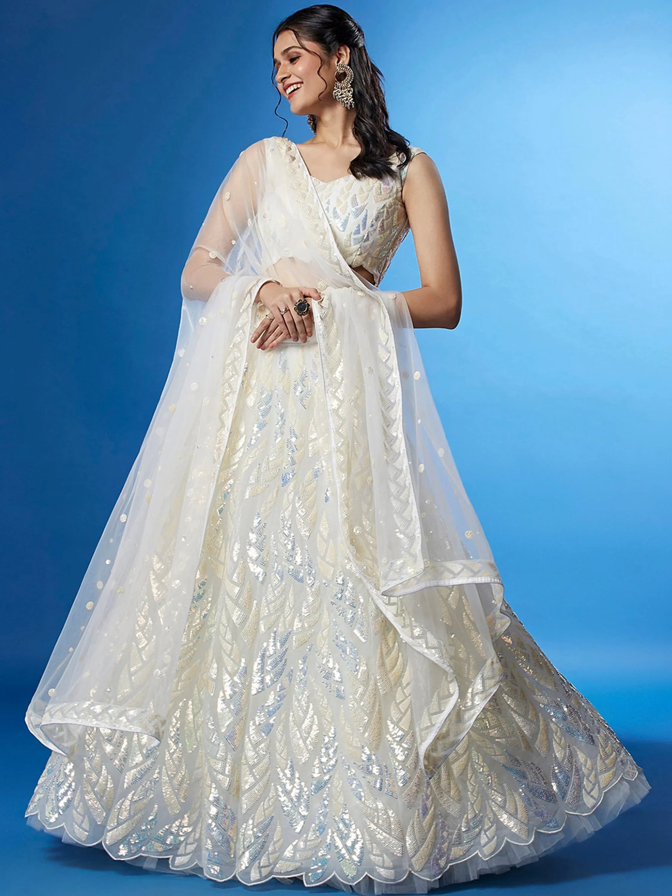 Off White Outstanding Sequins Net Lehenga Choli With Dupatta