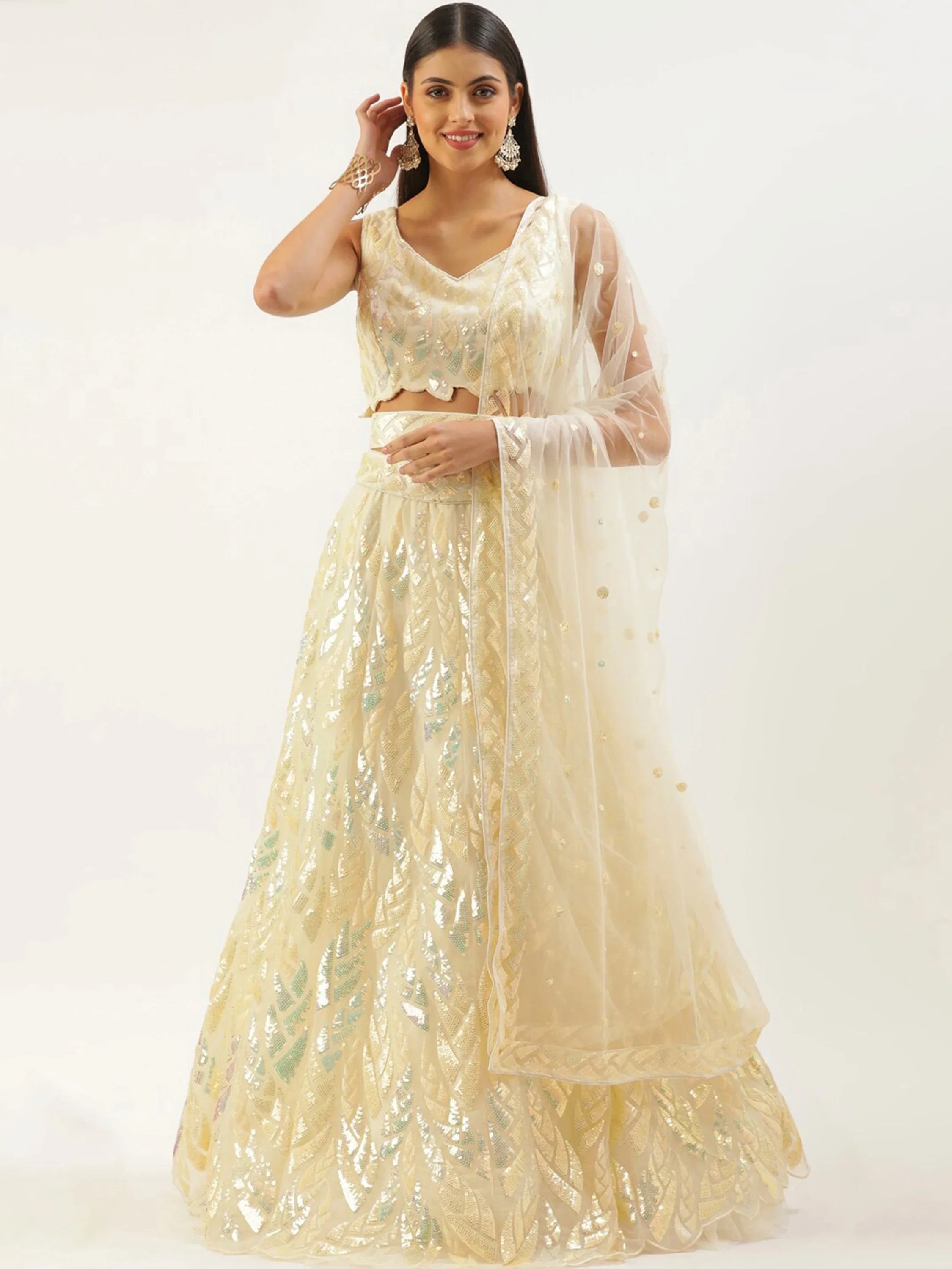 Beige Outstanding Sequins Net Lehenga Choli With Dupatta