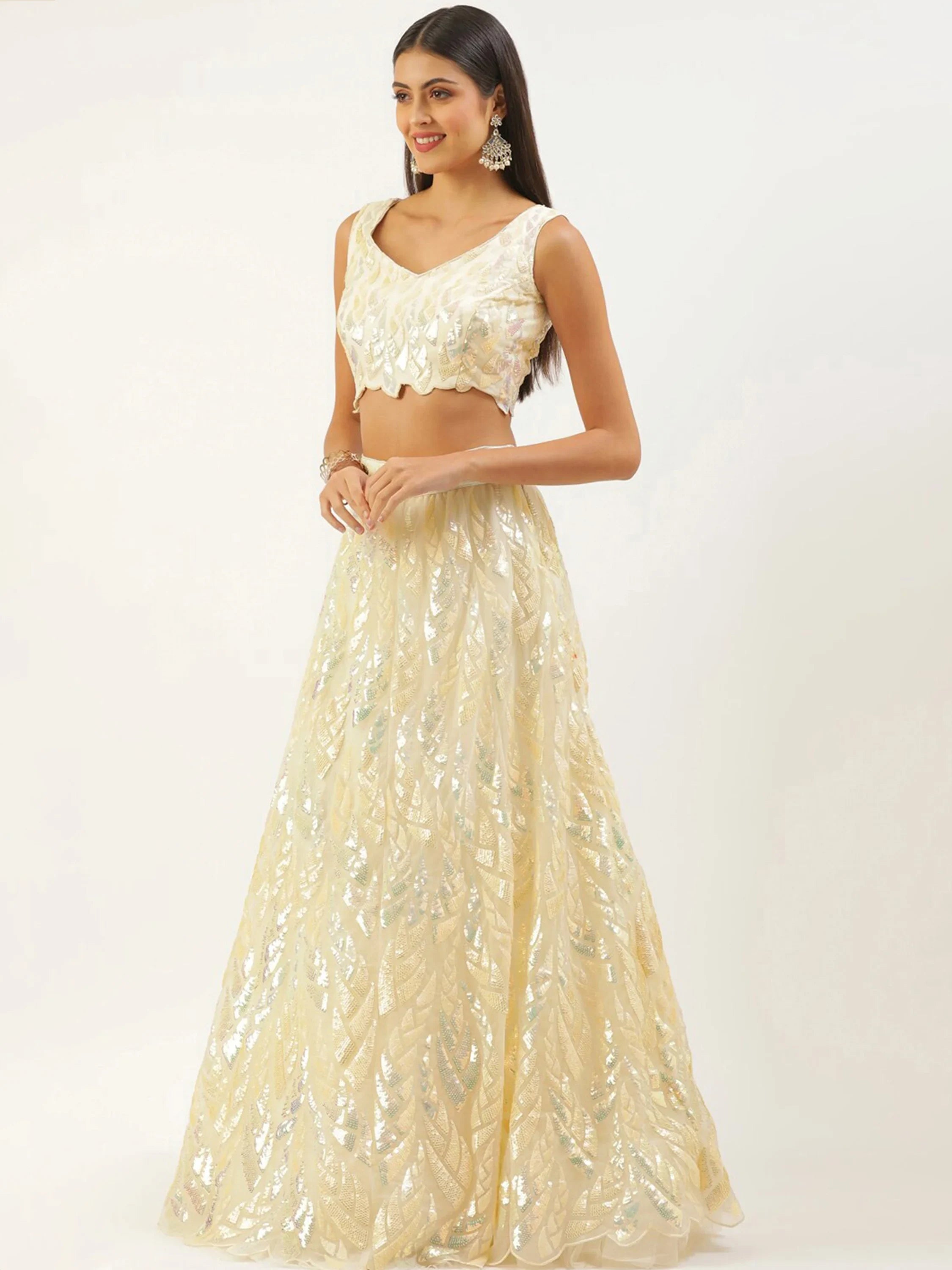 Beige Outstanding Sequins Net Lehenga Choli With Dupatta