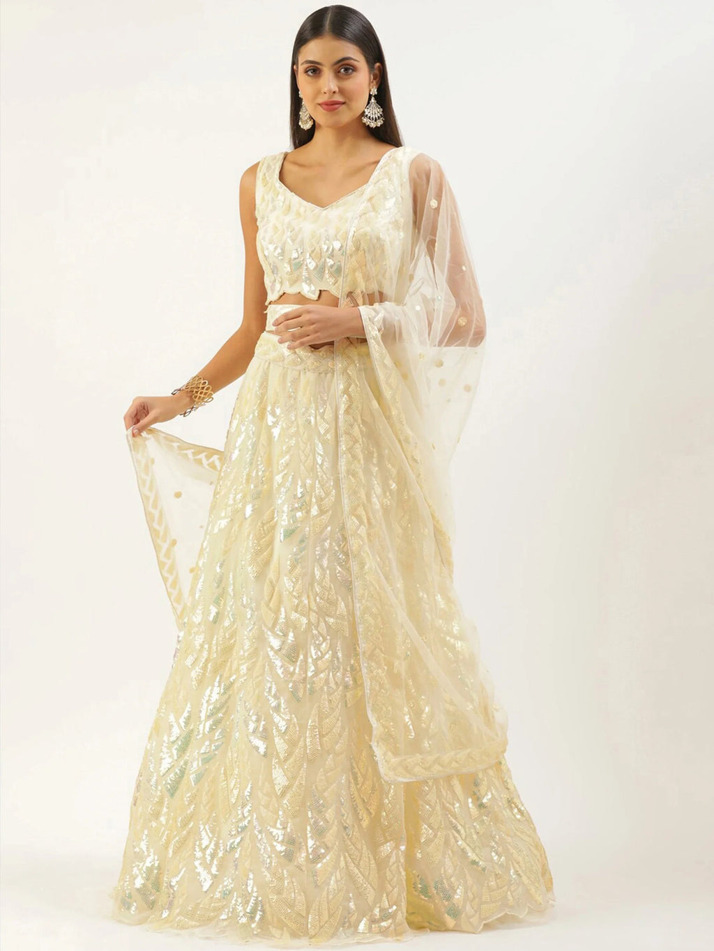 Beige Outstanding Sequins Net Lehenga Choli With Dupatta