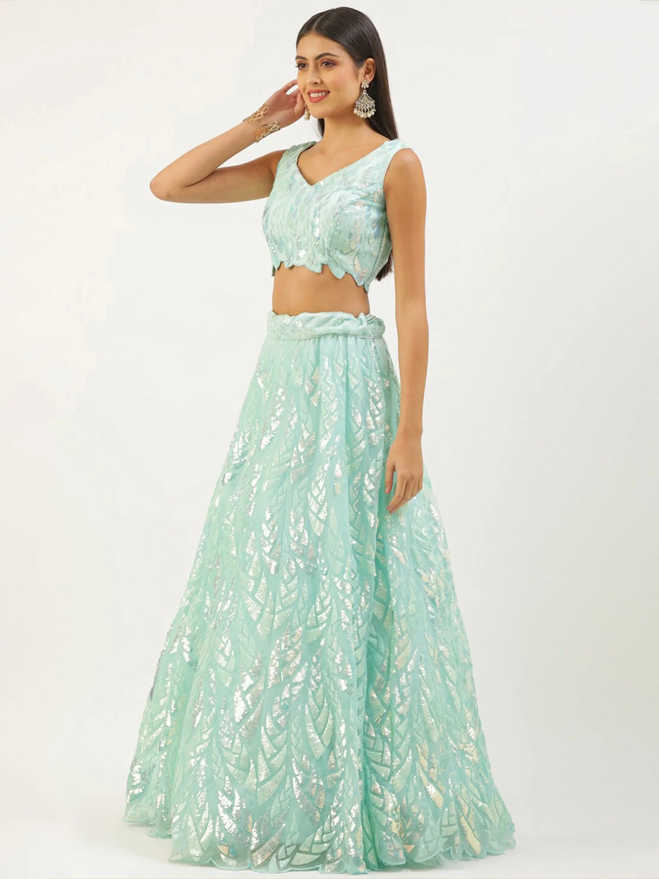 Sky Blue Outstanding Sequins Net Lehenga Choli With Dupatta