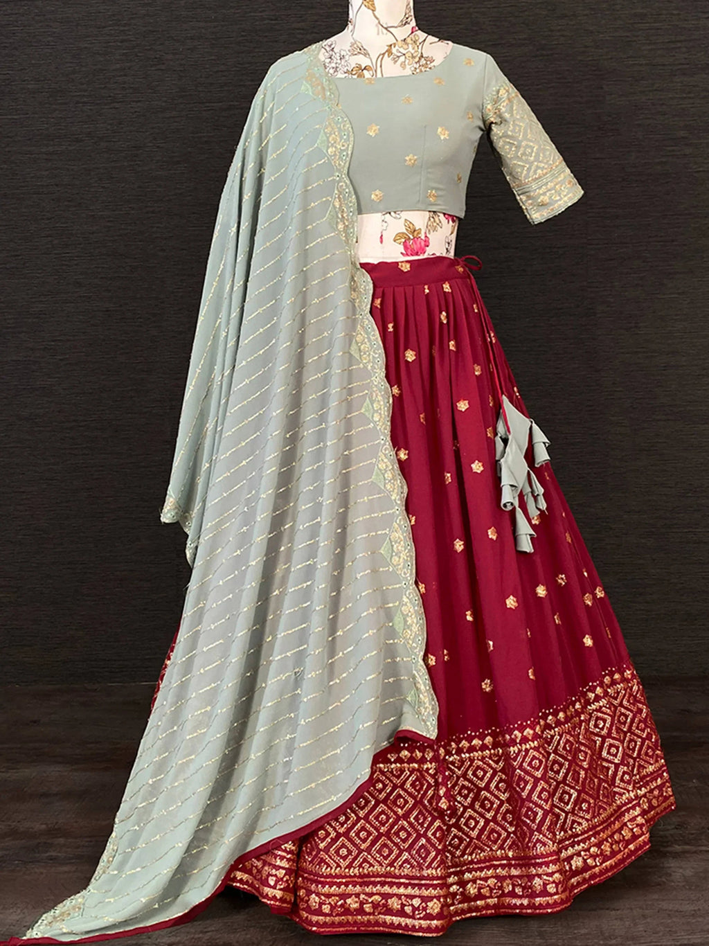 Lovely Maroon Sequins Embroidered Georgette Party Wear Lehenga Choli