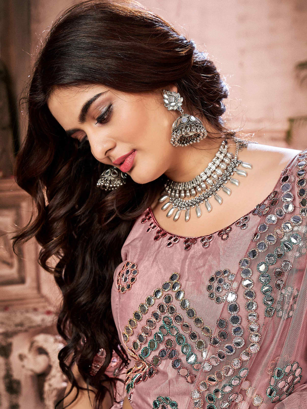 Gleaming Dusty Pink Net Paper Mirror Work Wedding Lehenga Choli