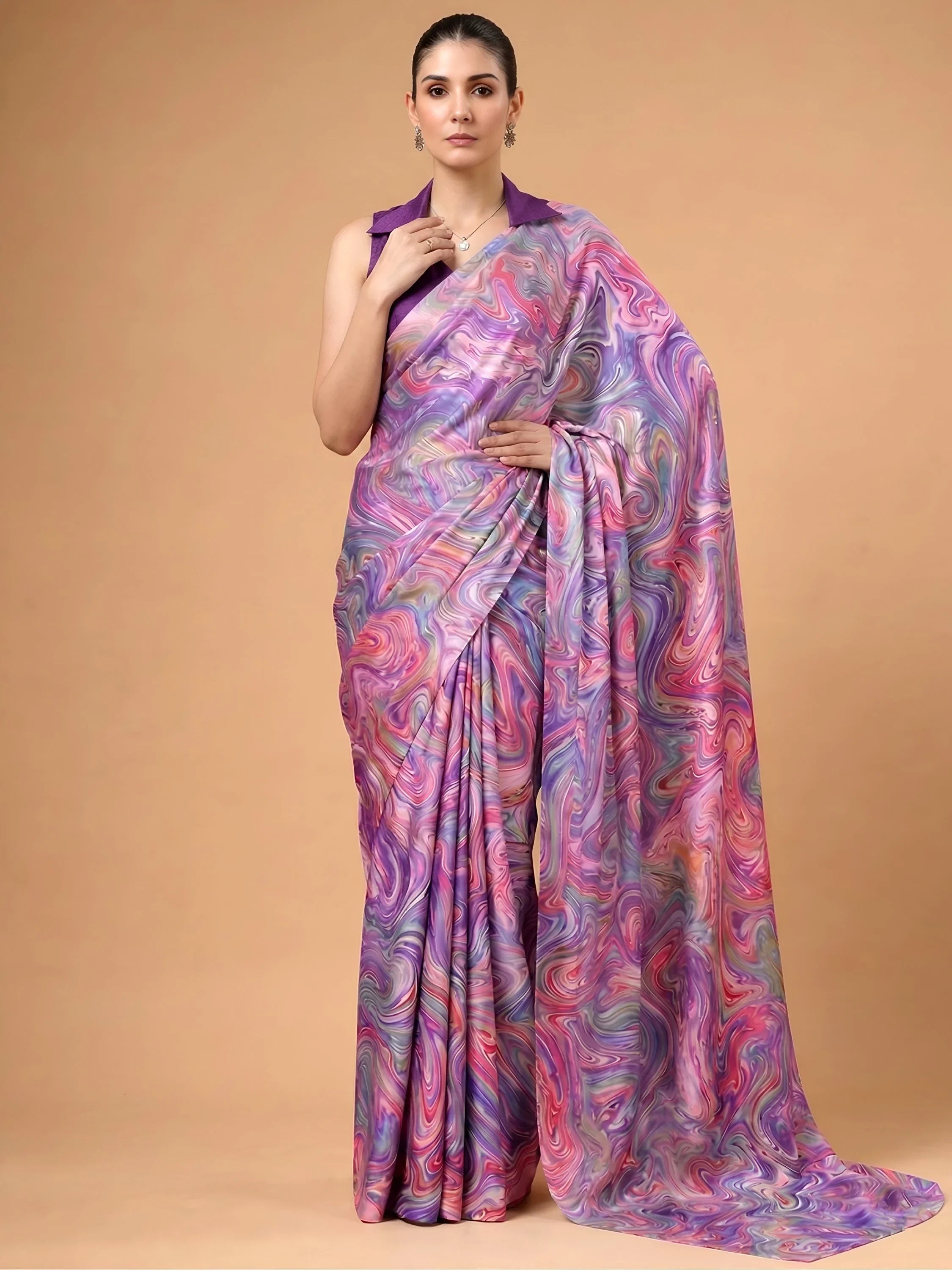 Lavender Charming Digital Printed Satin Festive Wear Saree With Blouse