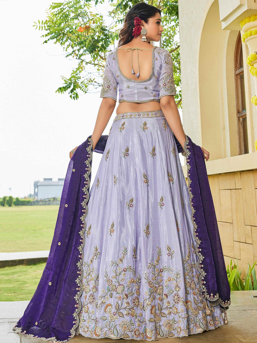 Stylish Lavender Embroidered Tissue Wedding Wear Lehenga Choli