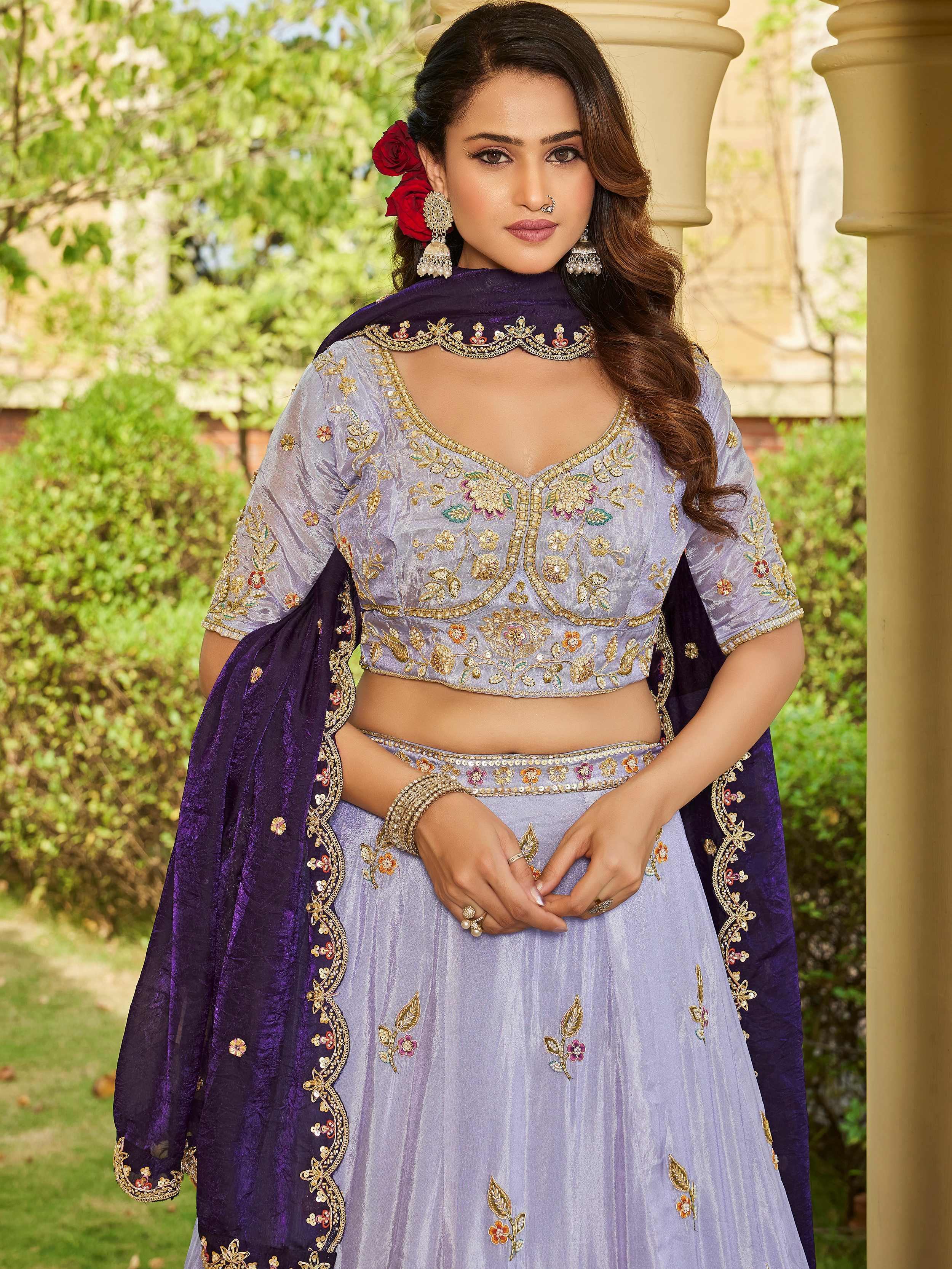 Stylish Lavender Embroidered Tissue Wedding Wear Lehenga Choli