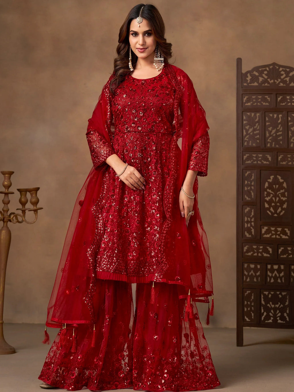 Outstanding Red Embroidered Net Function Wear Sharara Suit