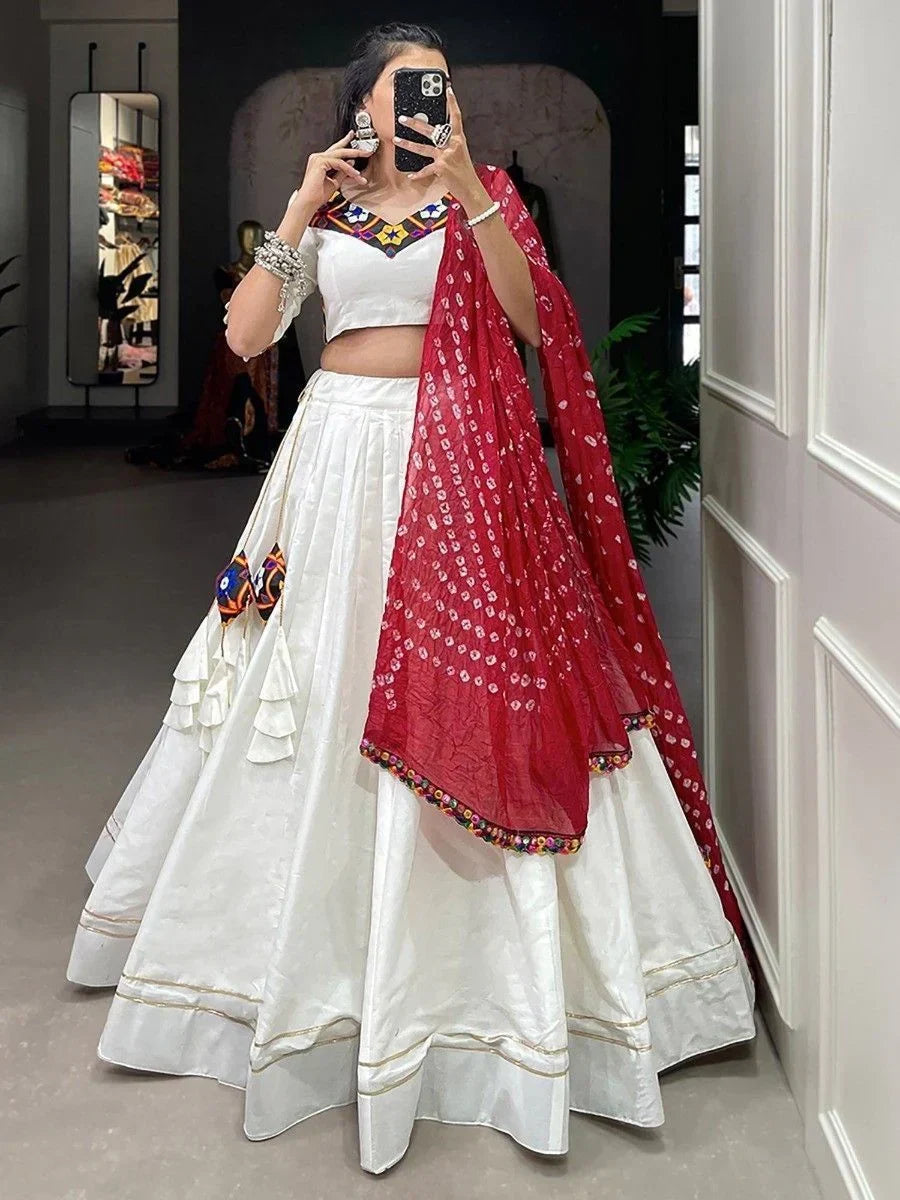 Captivating White Gamthi Work Cotton Lehenga Choli With Dupatta