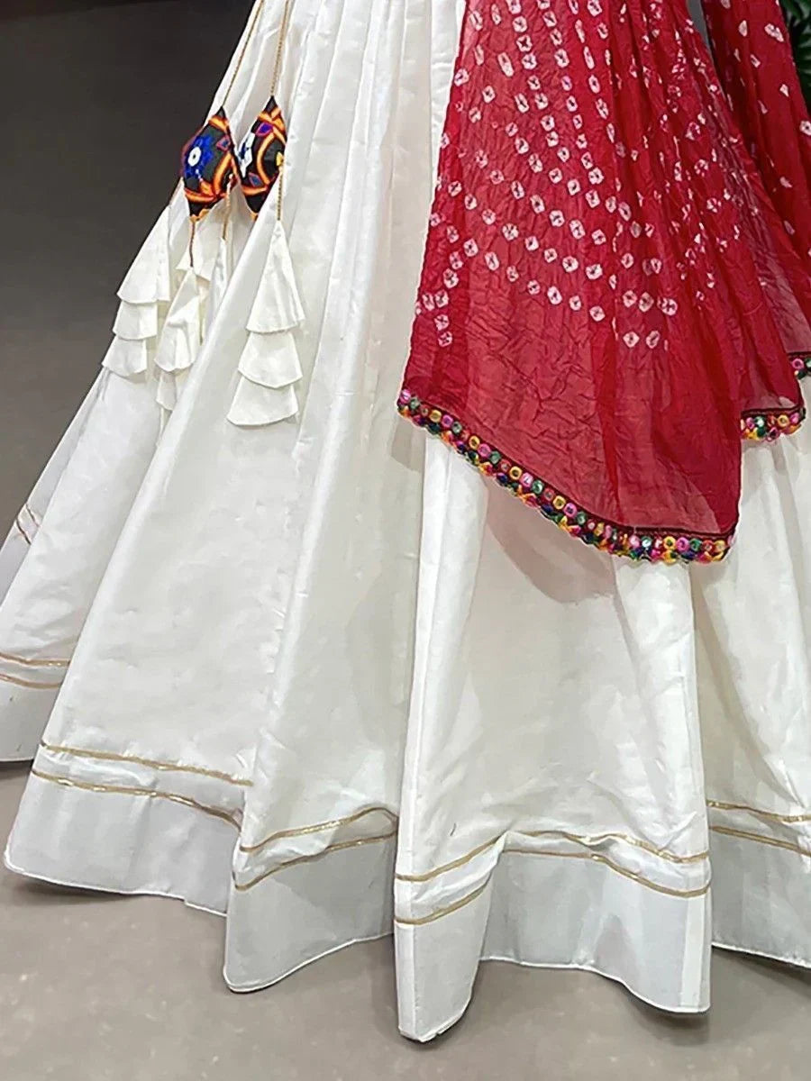 Captivating White Gamthi Work Cotton Lehenga Choli With Dupatta