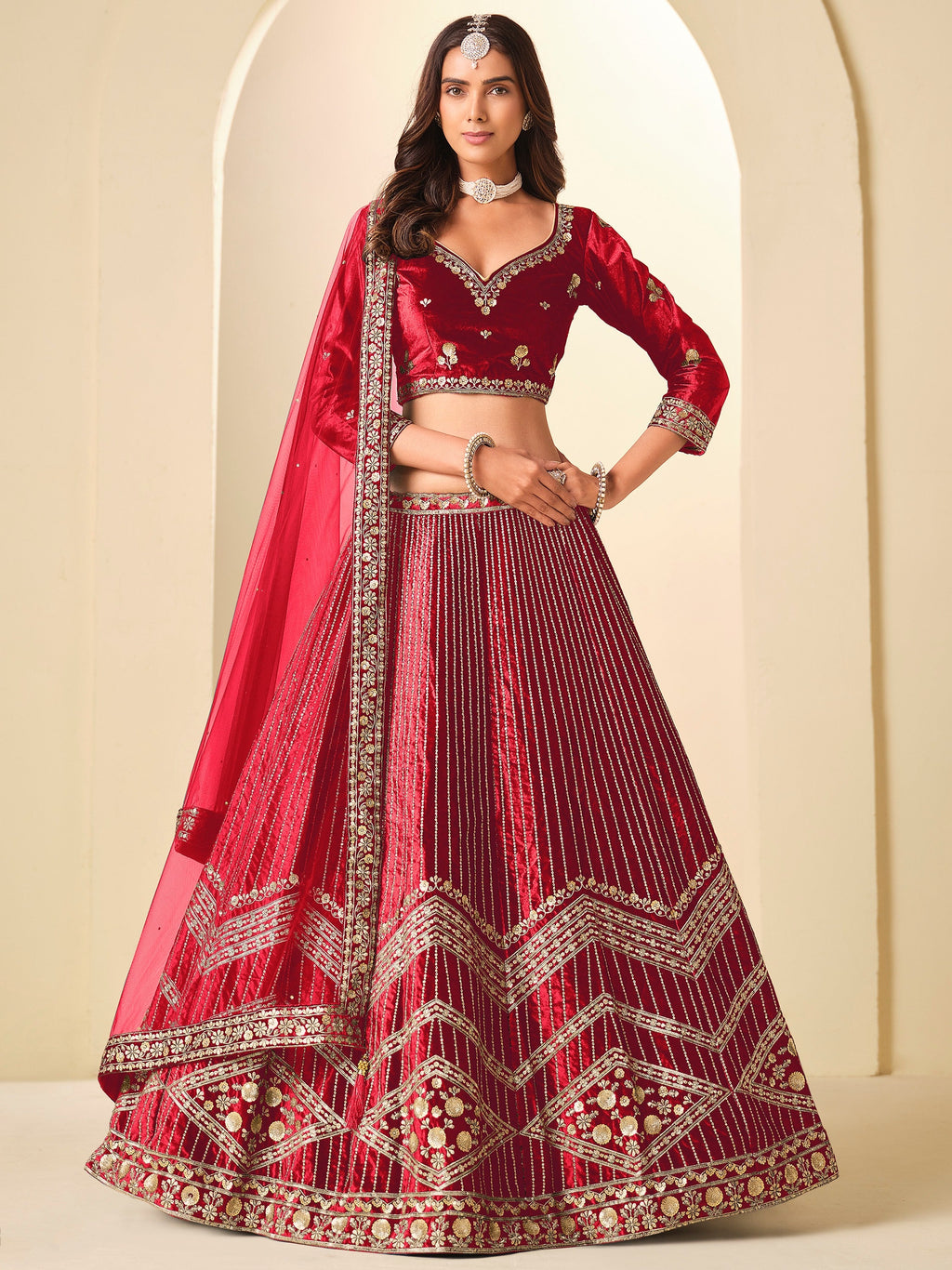 Lovable Red Sequins Velvet Bridal Lehenga Choli With Dupatta