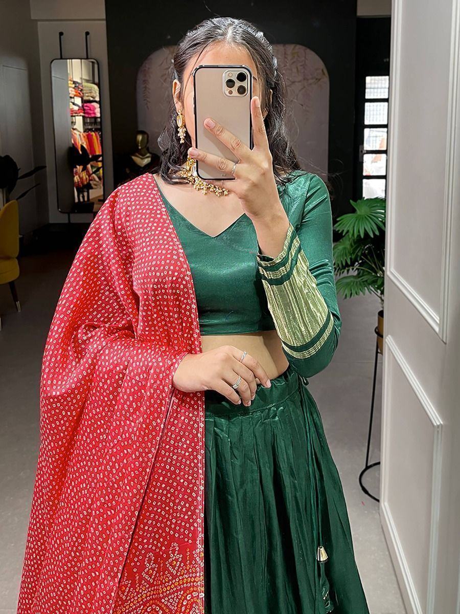 Green Astonishing Gaji Silk Lehenga Choli With Bandhani Dupatta