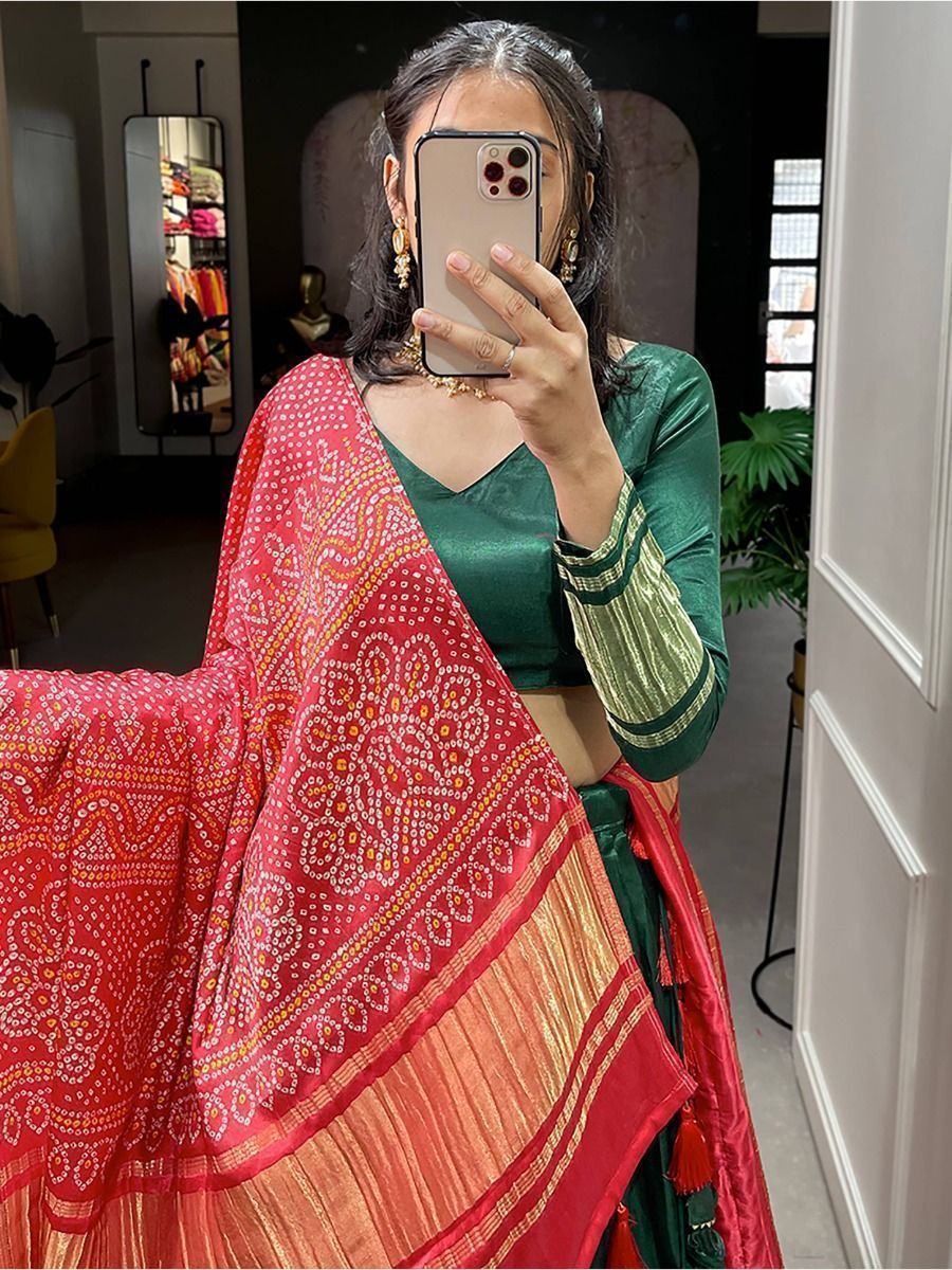 Green Astonishing Gaji Silk Lehenga Choli With Bandhani Dupatta