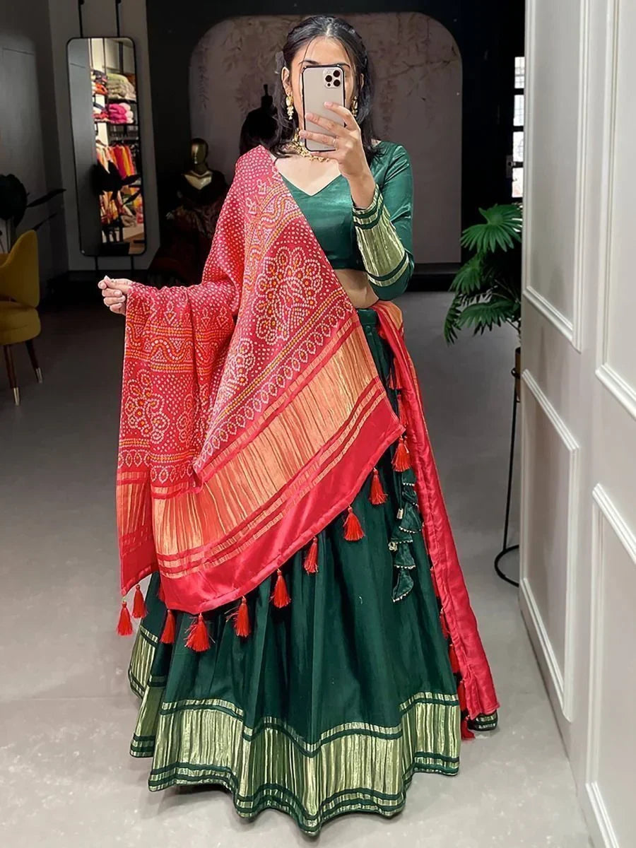 Green Astonishing Gaji Silk Lehenga Choli With Bandhani Dupatta