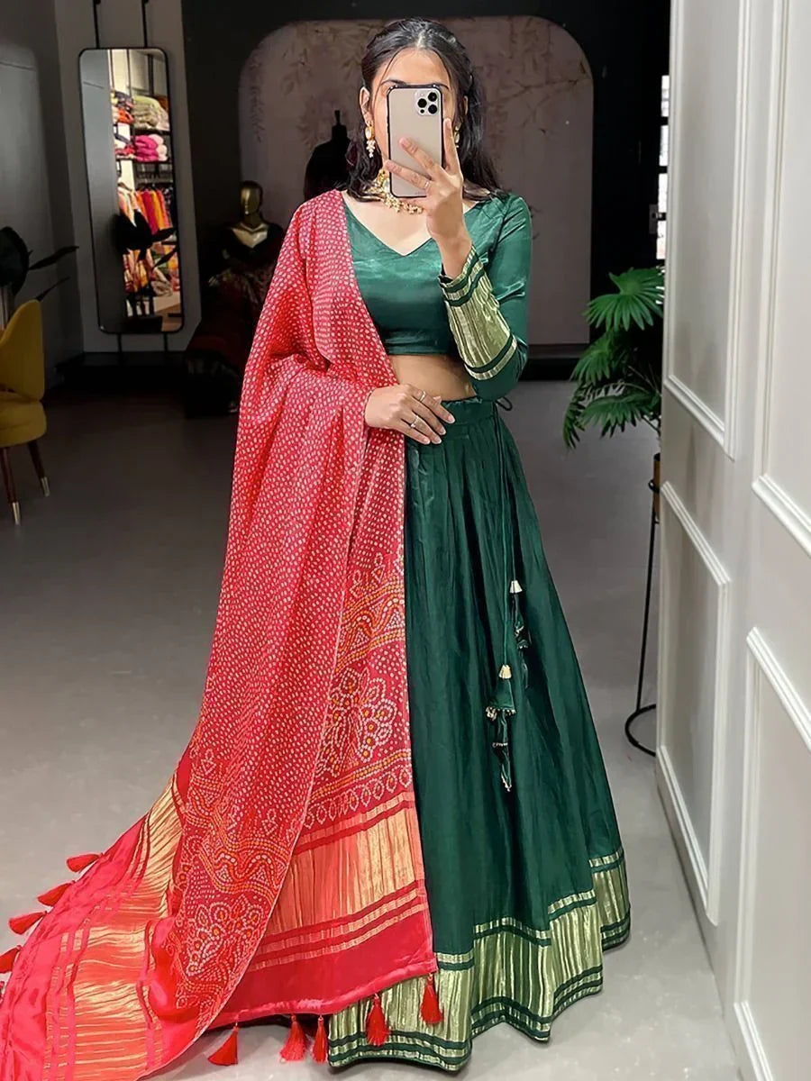 Green Astonishing Gaji Silk Lehenga Choli With Bandhani Dupatta