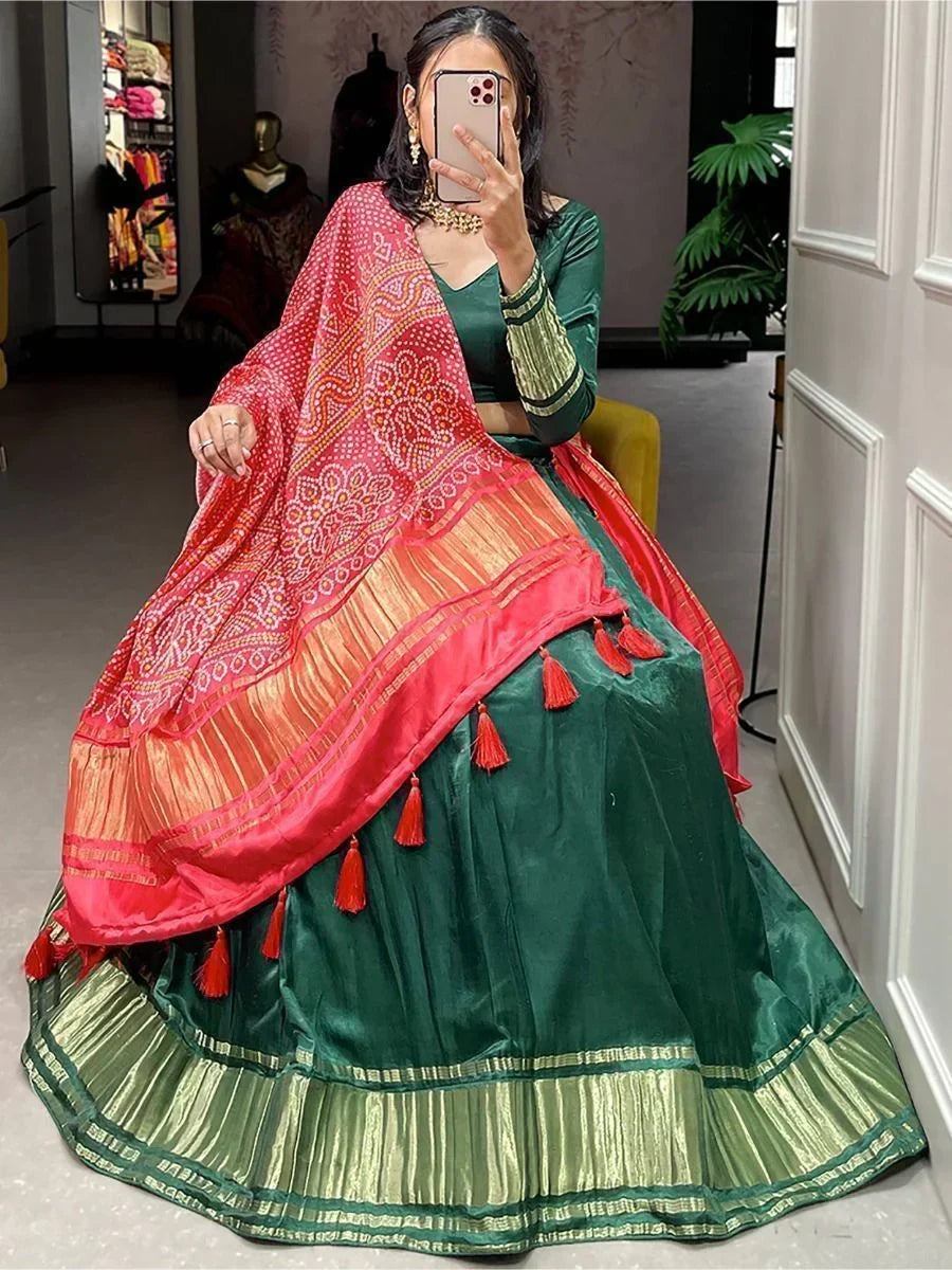 Green Astonishing Gaji Silk Lehenga Choli With Bandhani Dupatta