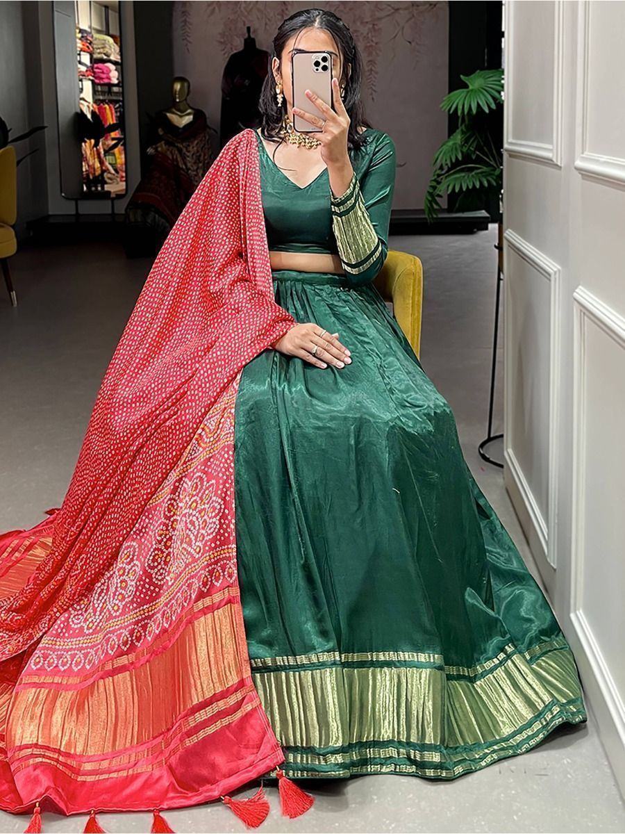 Green Astonishing Gaji Silk Lehenga Choli With Bandhani Dupatta