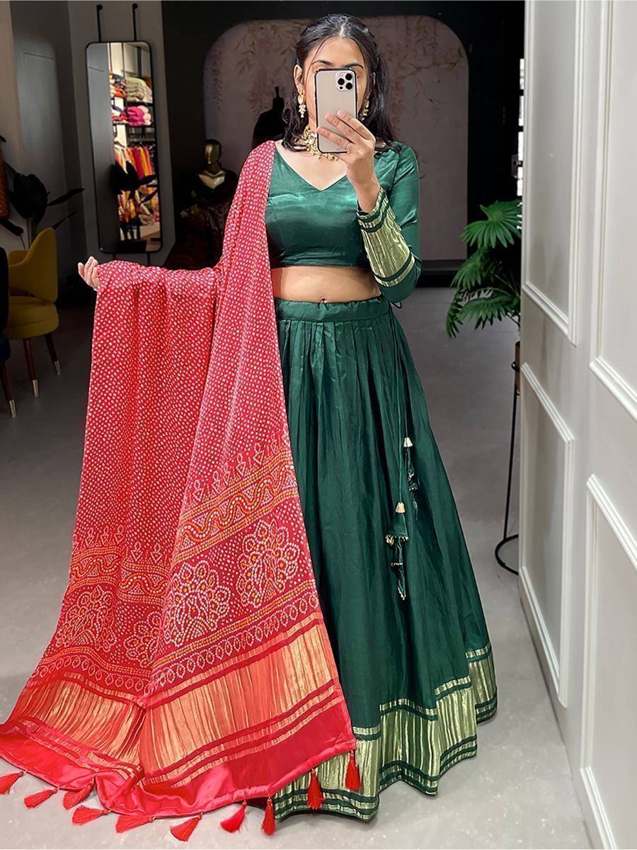 Green Astonishing Gaji Silk Lehenga Choli With Bandhani Dupatta