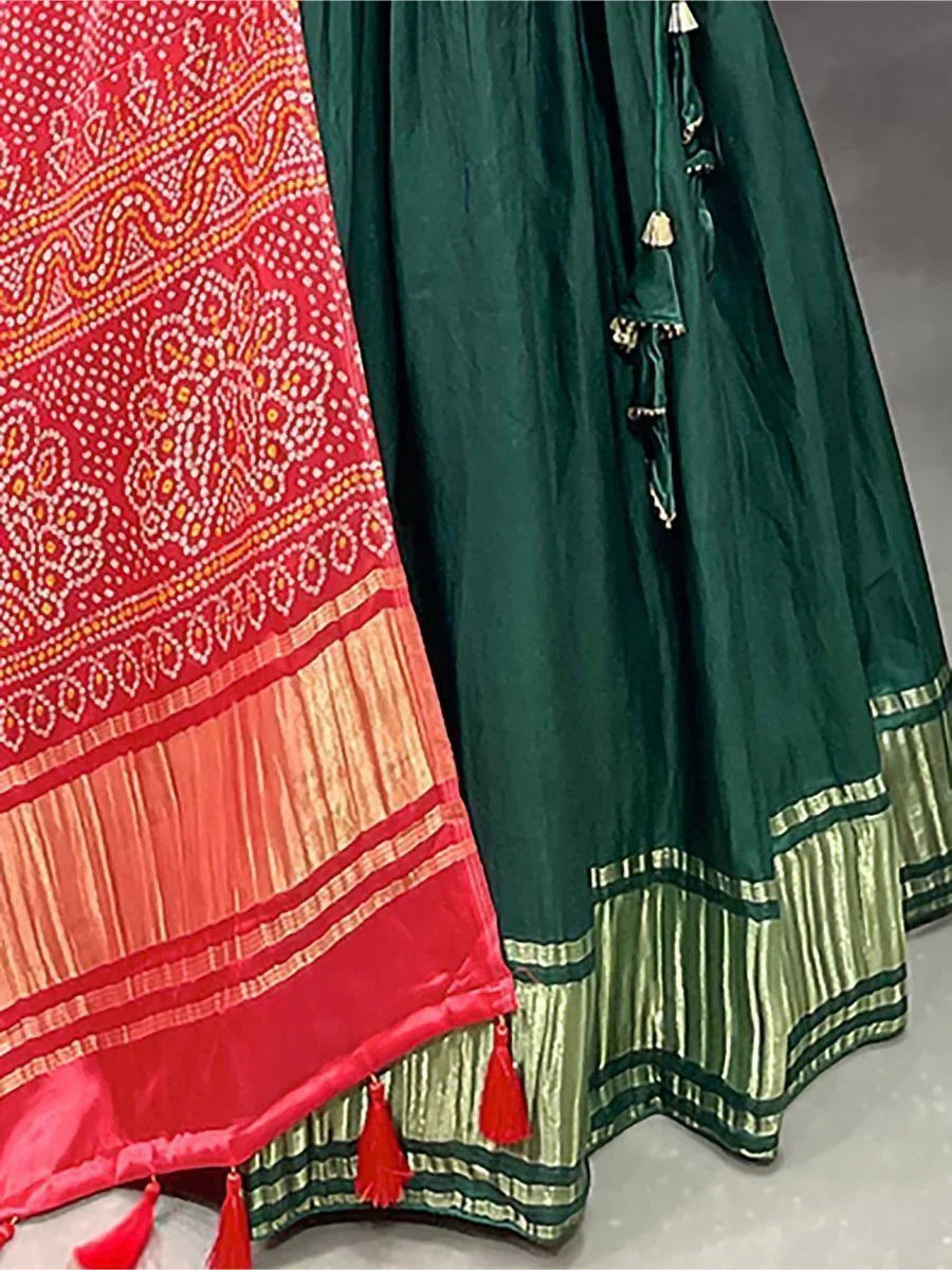 Green Astonishing Gaji Silk Lehenga Choli With Bandhani Dupatta