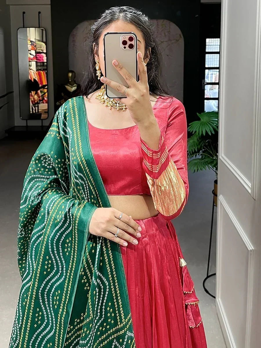 Coral Astonishing Gaji Silk Lehenga Choli With Bandhani Dupatta