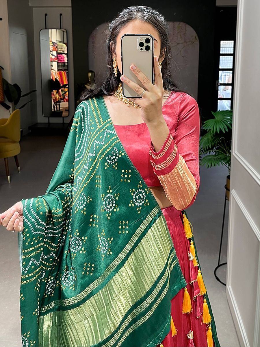Coral Astonishing Gaji Silk Lehenga Choli With Bandhani Dupatta