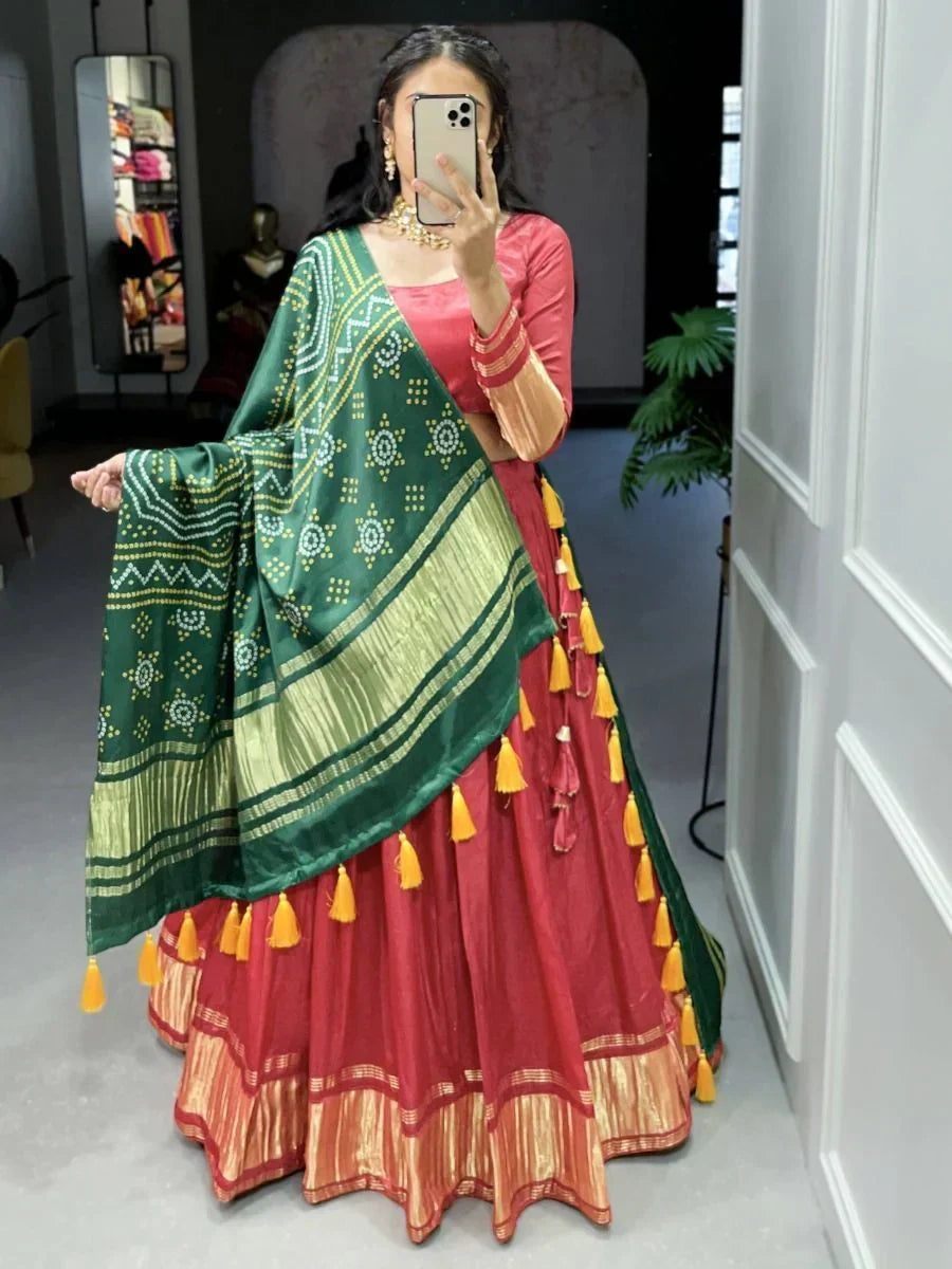 Coral Astonishing Gaji Silk Lehenga Choli With Bandhani Dupatta