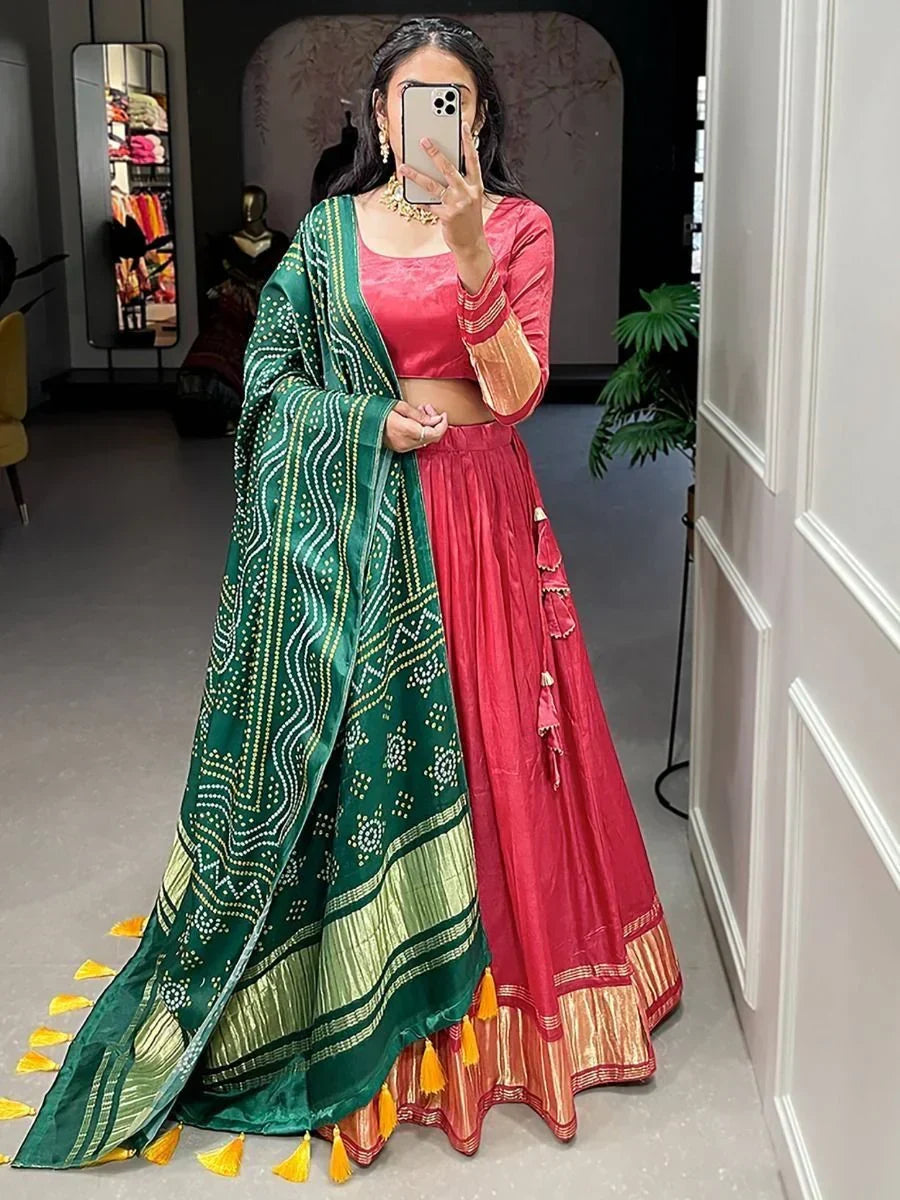 Coral Astonishing Gaji Silk Lehenga Choli With Bandhani Dupatta