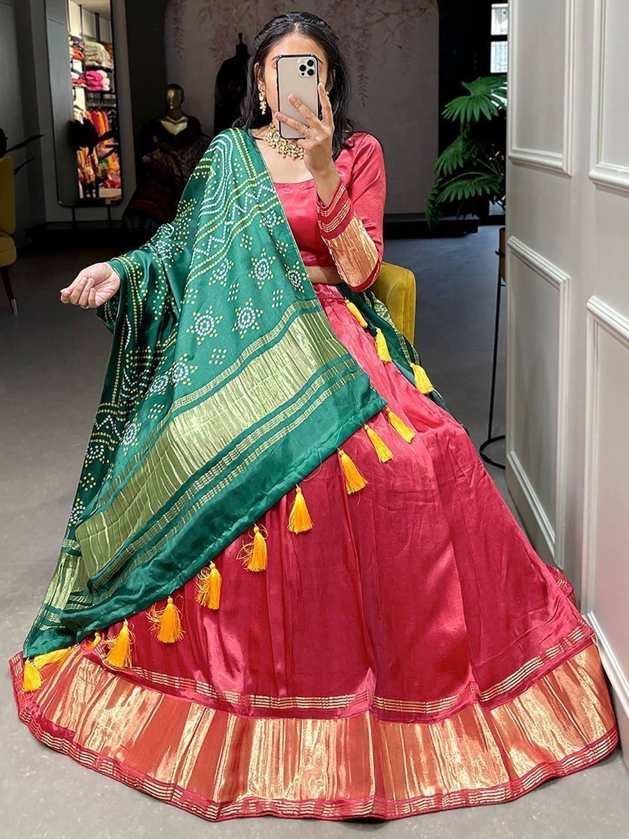 Coral Astonishing Gaji Silk Lehenga Choli With Bandhani Dupatta