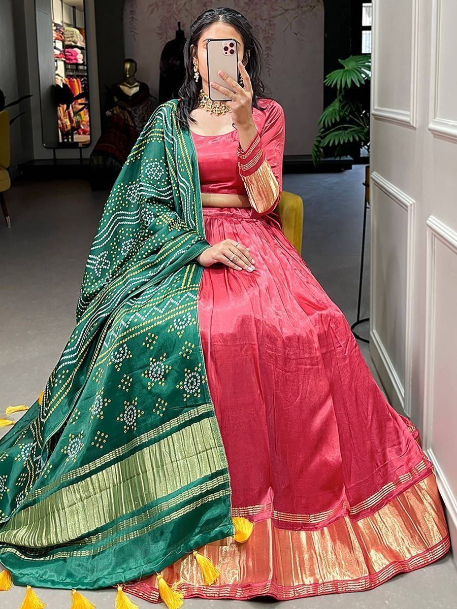 Coral Astonishing Gaji Silk Lehenga Choli With Bandhani Dupatta