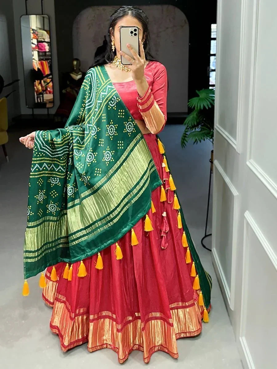Coral Astonishing Gaji Silk Lehenga Choli With Bandhani Dupatta