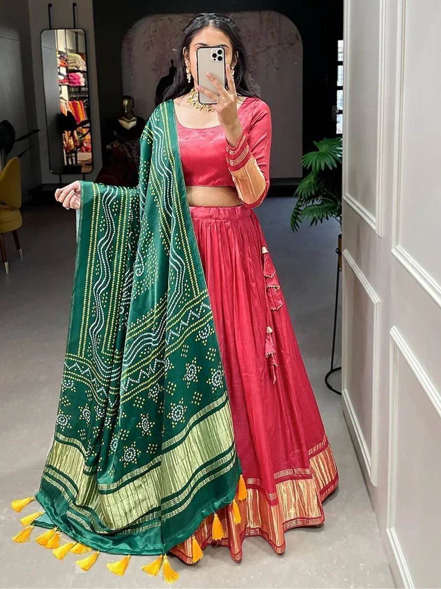 Coral Astonishing Gaji Silk Lehenga Choli With Bandhani Dupatta