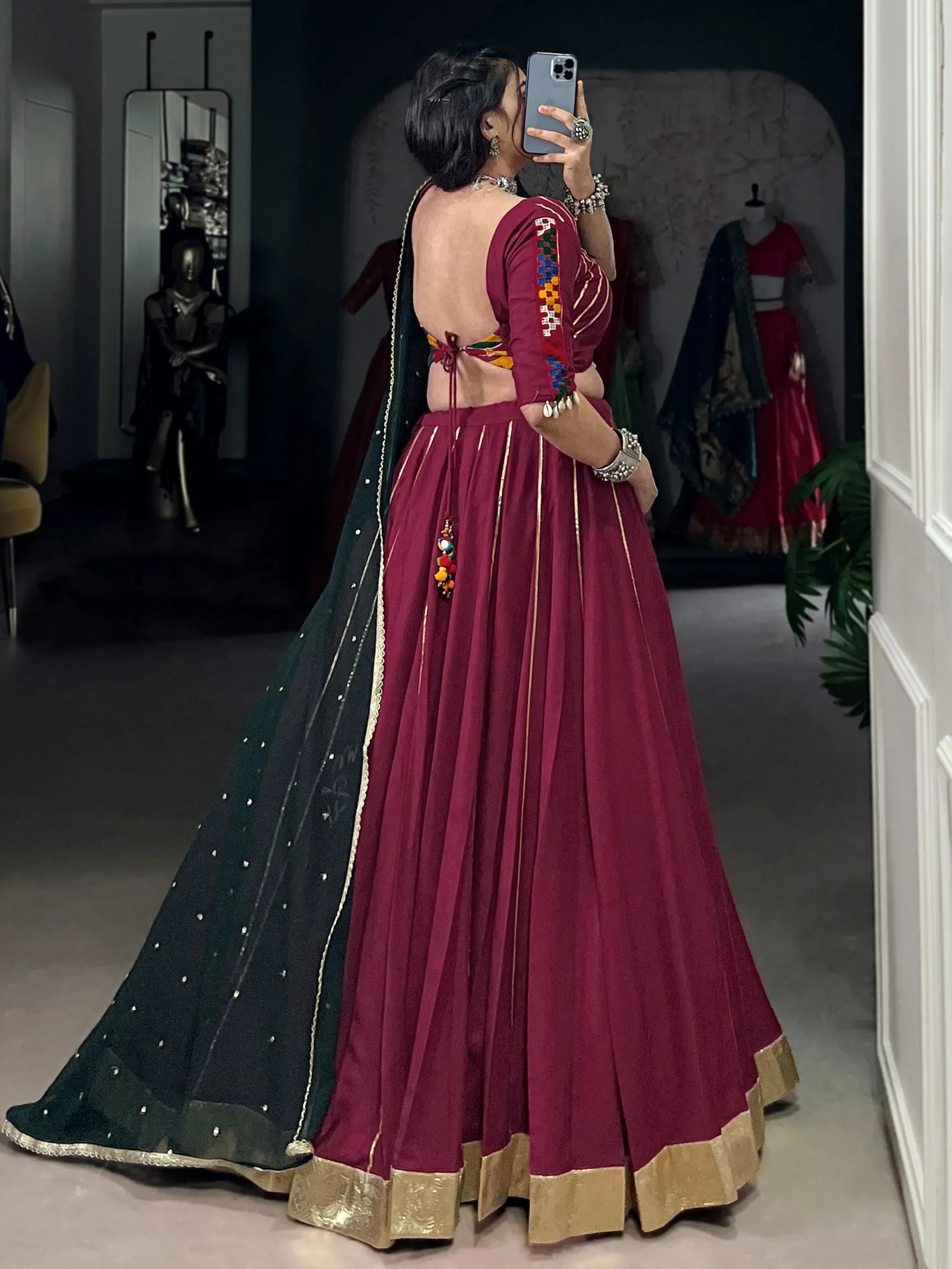 Artistic Maroon Gamthi Work Pure Rayon Lehenga Choli With Dupatta