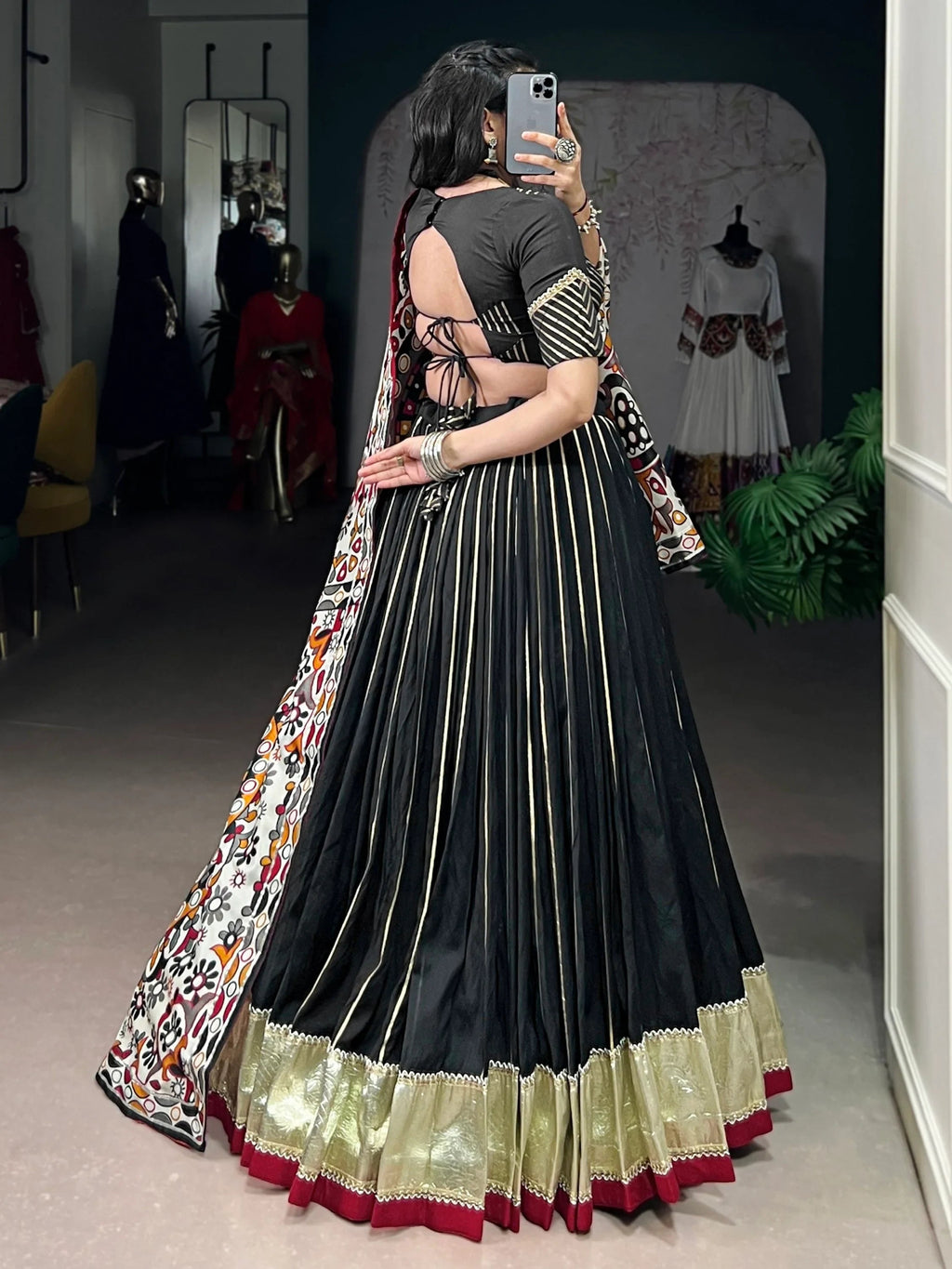 Black Magnificent Lace Work Chanderi Silk Navratri Wear Lehenga Choli