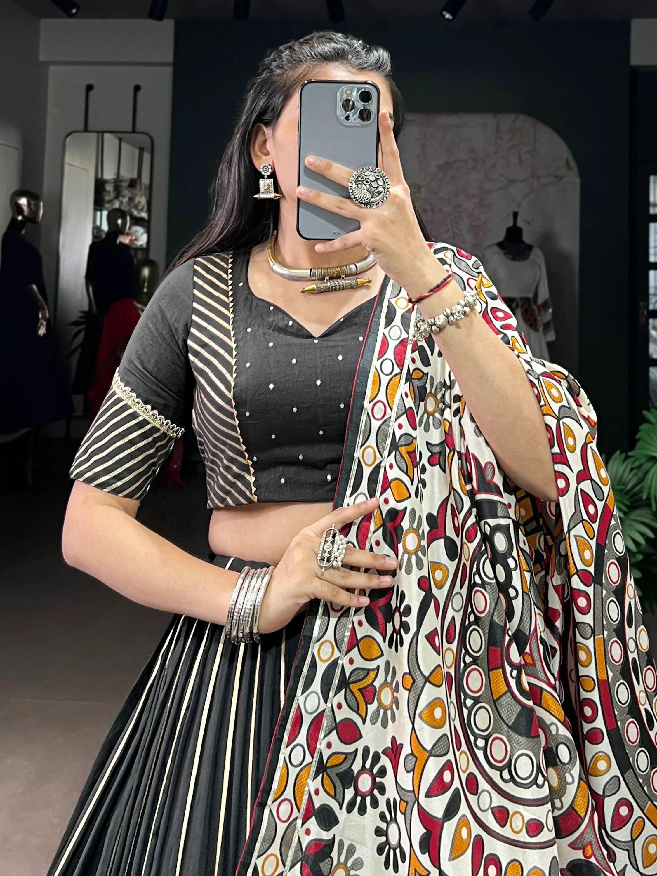 Black Magnificent Lace Work Chanderi Silk Navratri Wear Lehenga Choli