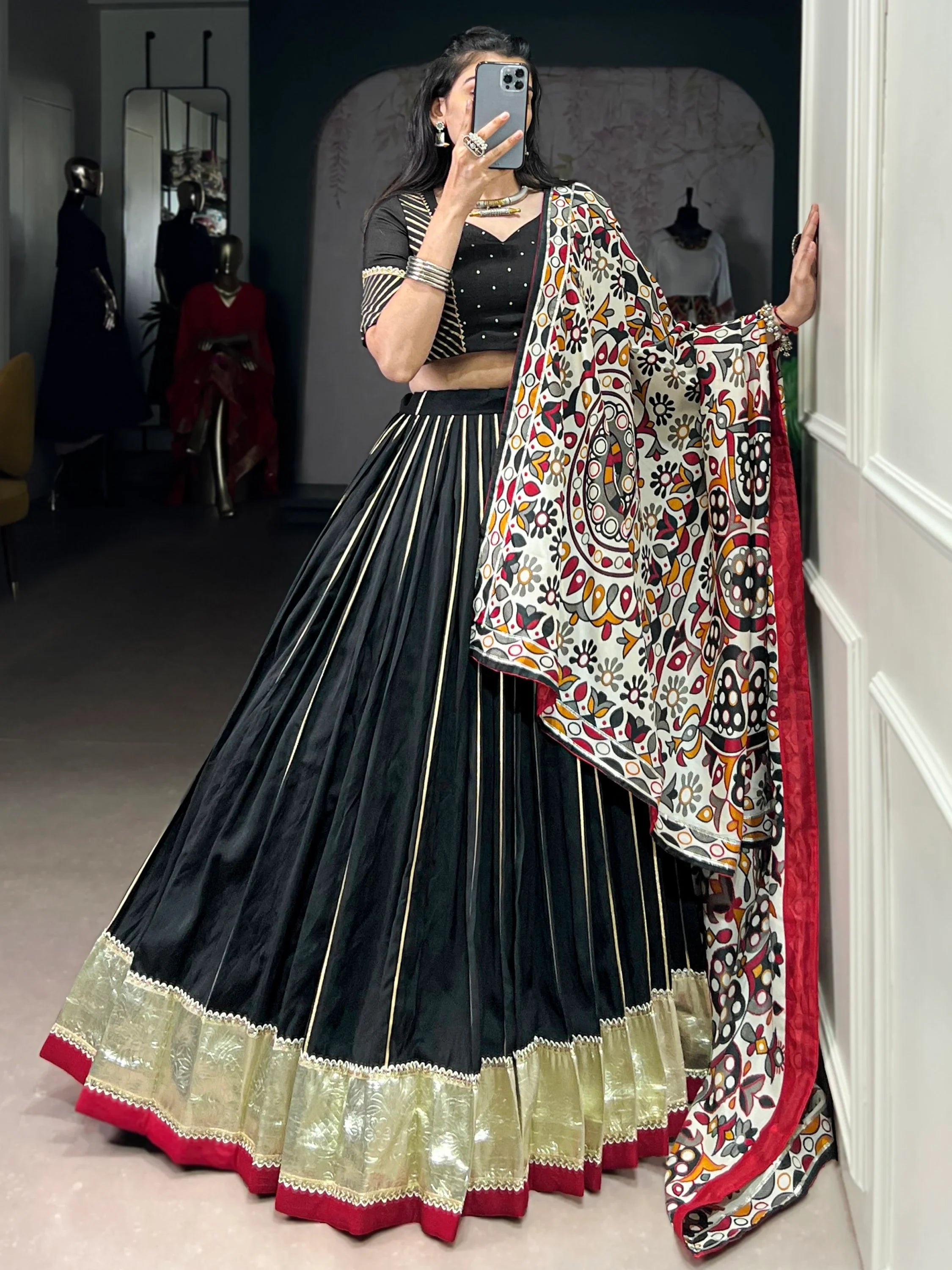 Black Magnificent Lace Work Chanderi Silk Navratri Wear Lehenga Choli