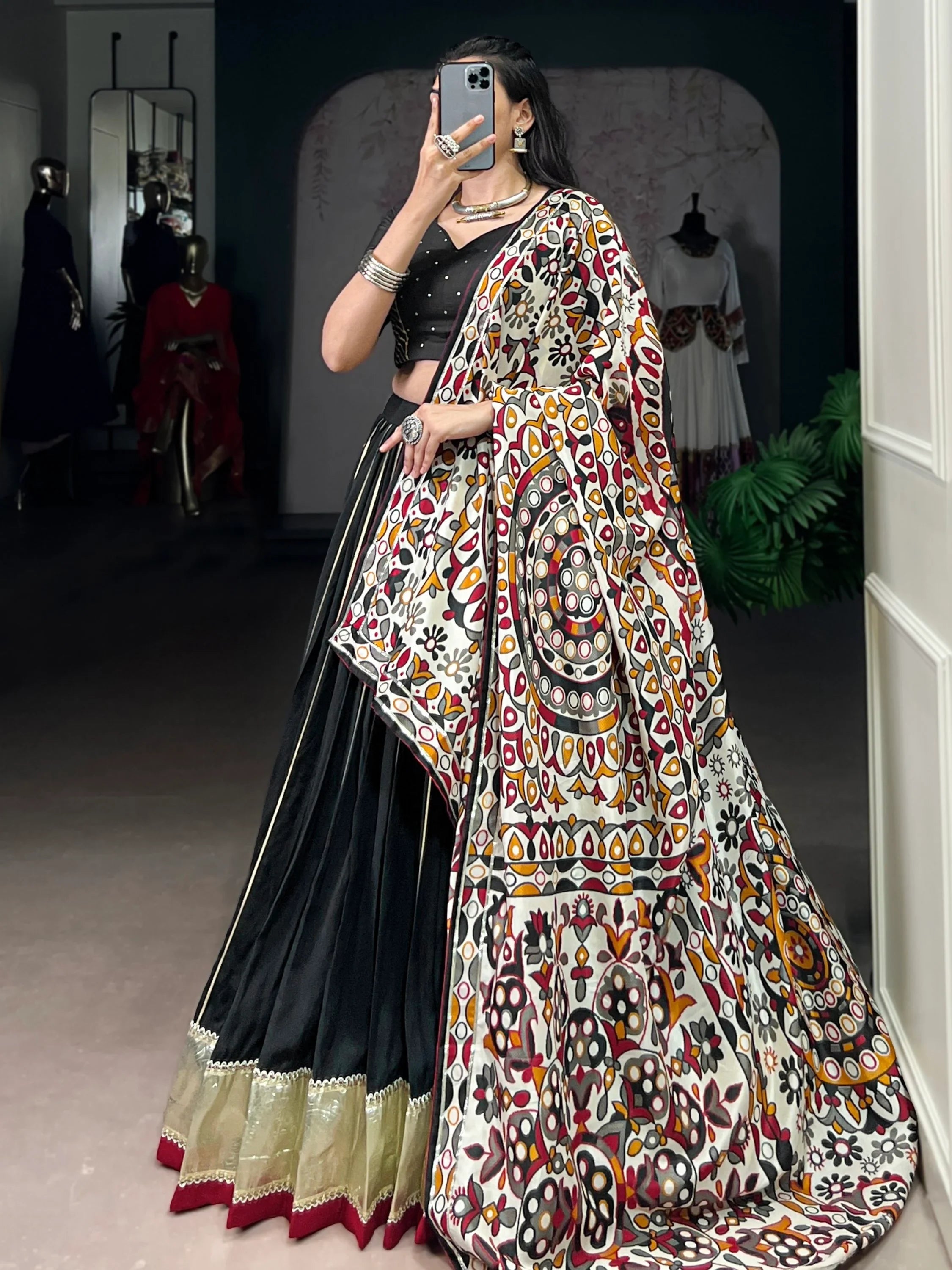 Black Magnificent Lace Work Chanderi Silk Navratri Wear Lehenga Choli