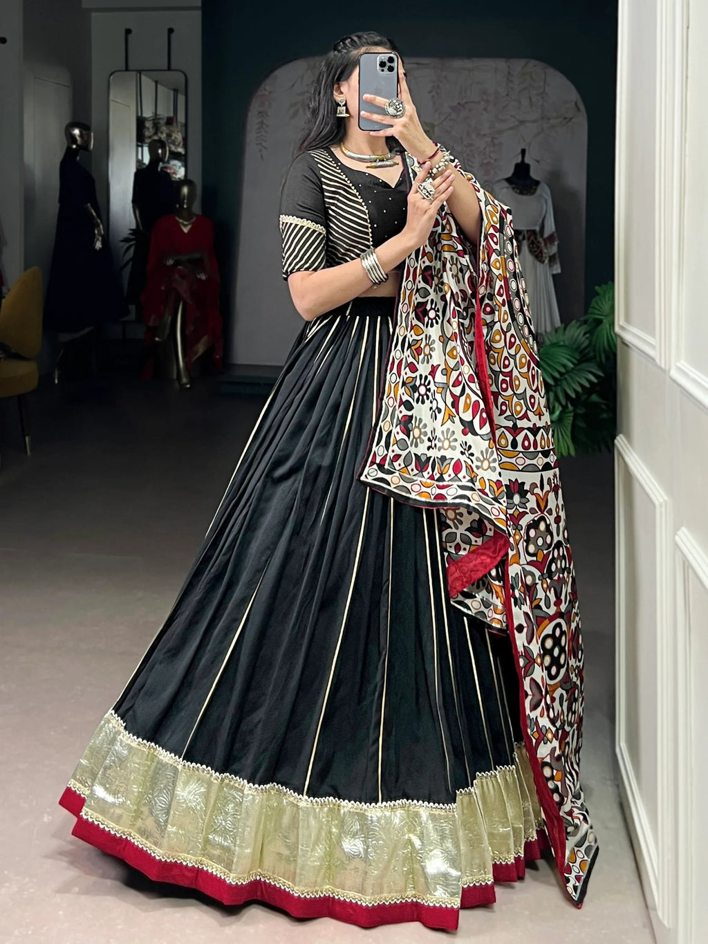 Black Magnificent Lace Work Chanderi Silk Navratri Wear Lehenga Choli