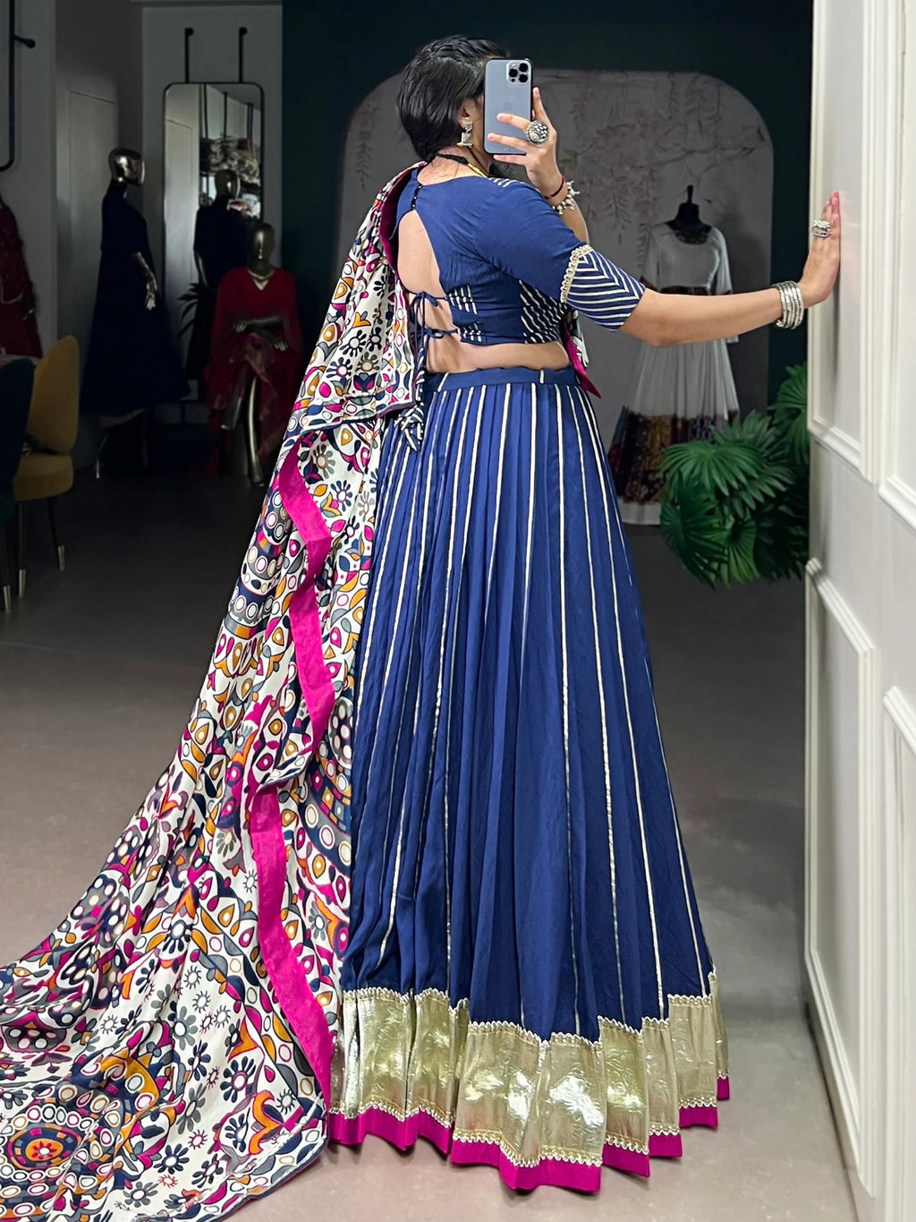 Navy Magnificent Lace Work Chanderi Silk Navratri Wear Lehenga Choli