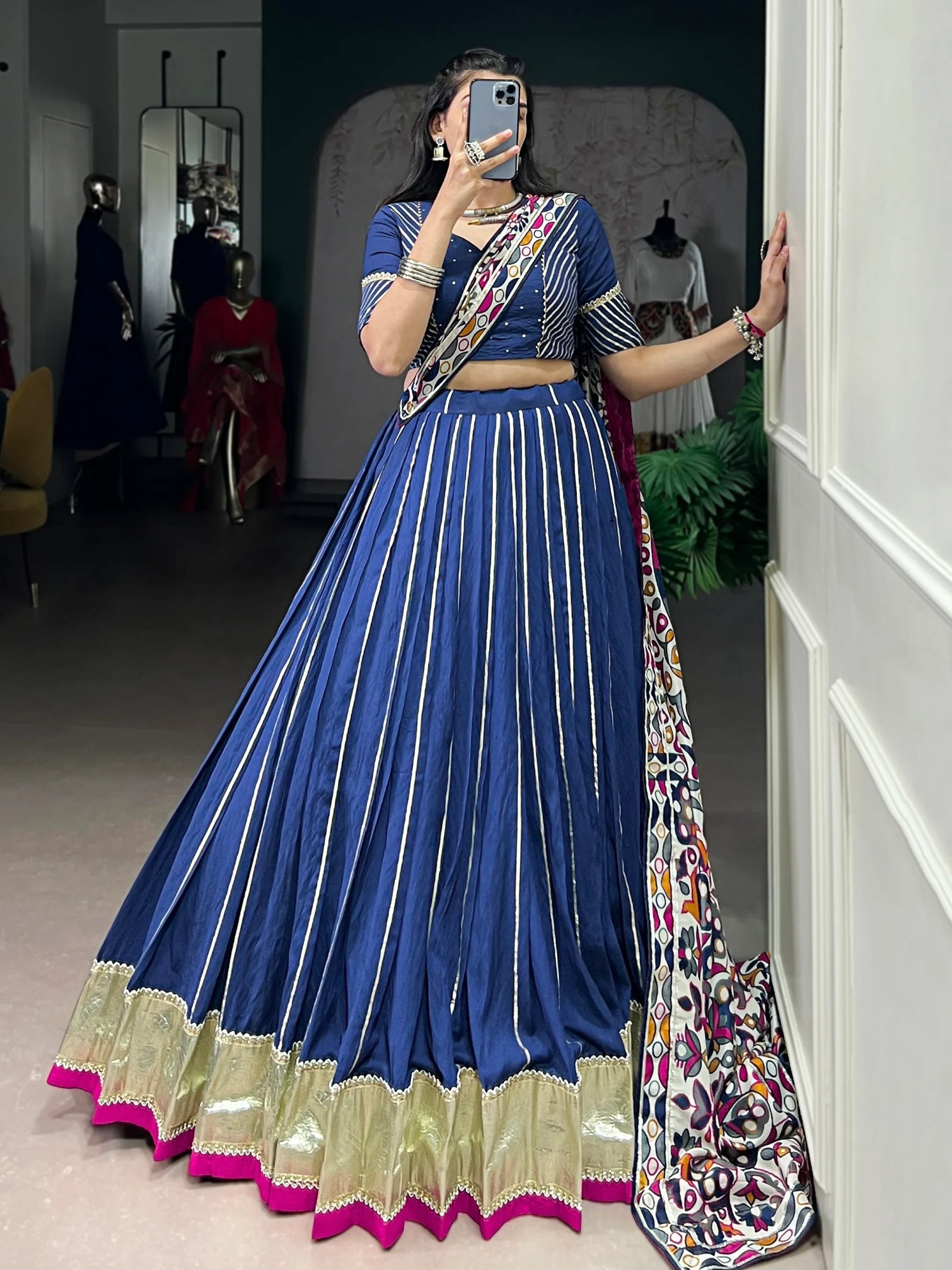 Navy Magnificent Lace Work Chanderi Silk Navratri Wear Lehenga Choli