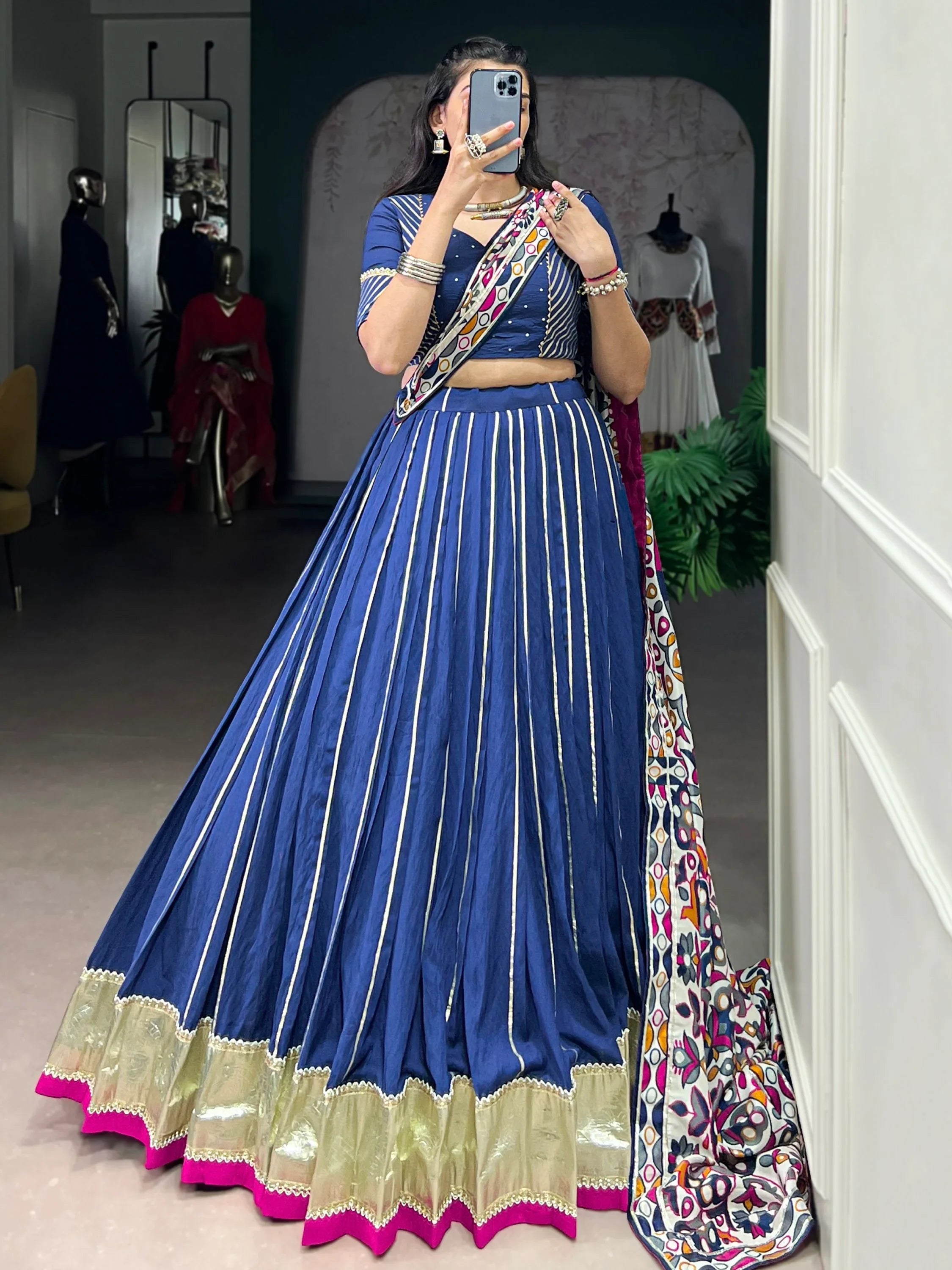 Navy Magnificent Lace Work Chanderi Silk Navratri Wear Lehenga Choli