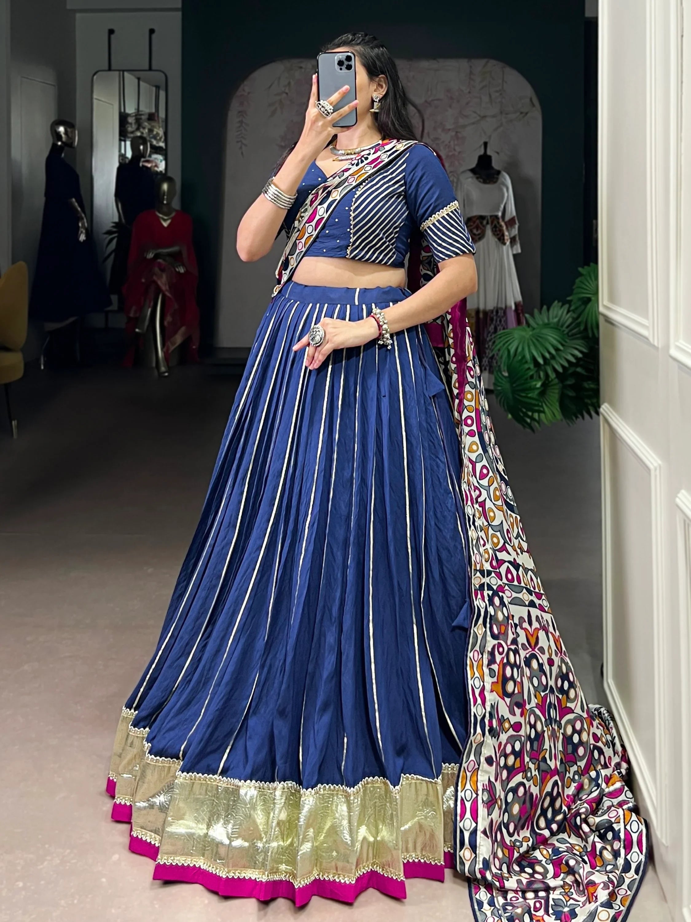 Navy Magnificent Lace Work Chanderi Silk Navratri Wear Lehenga Choli