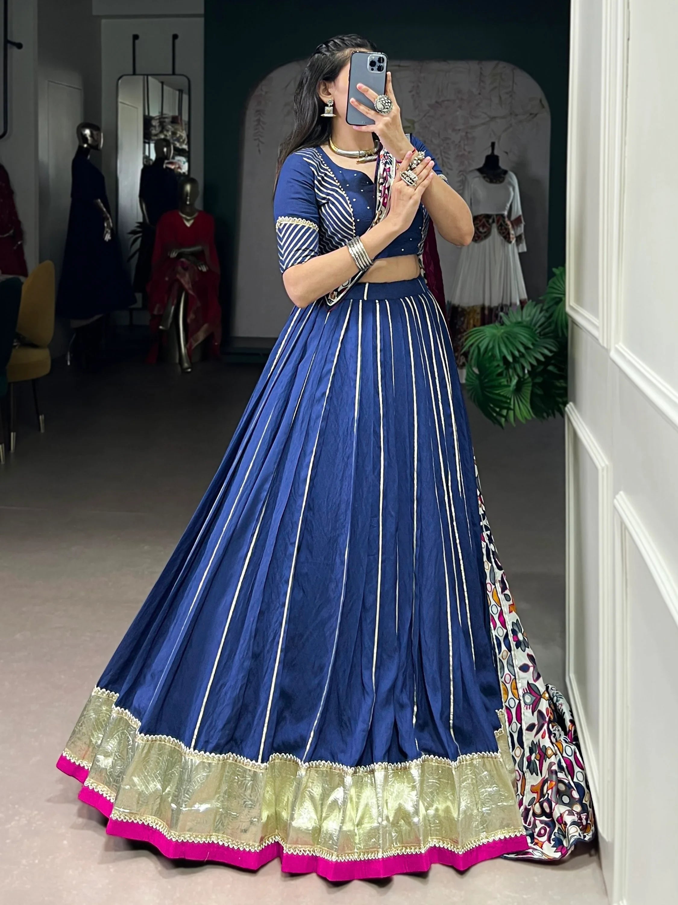 Navy Magnificent Lace Work Chanderi Silk Navratri Wear Lehenga Choli
