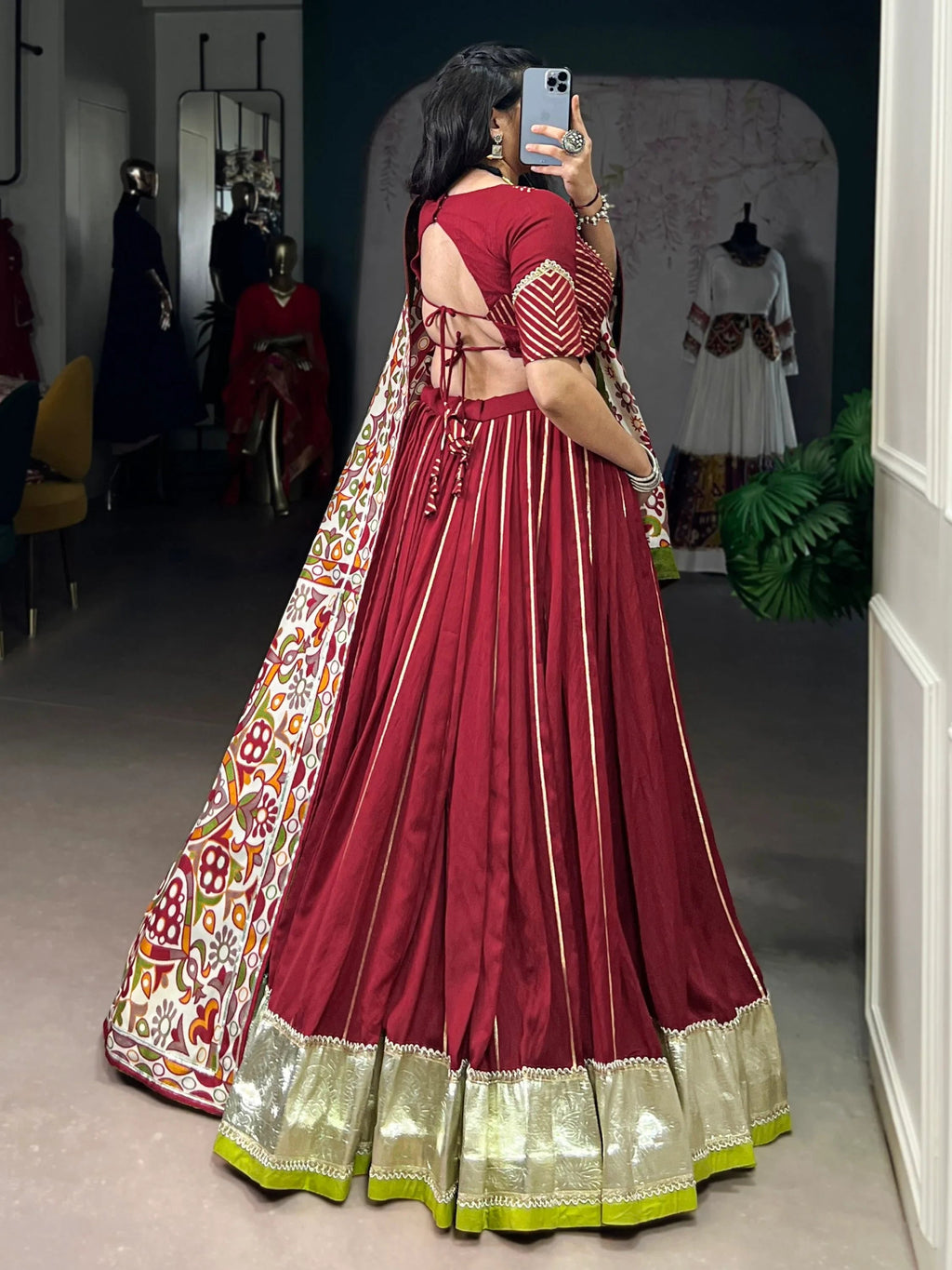 Maroon Magnificent Lace Work Chanderi Silk Navratri Wear Lehenga Choli